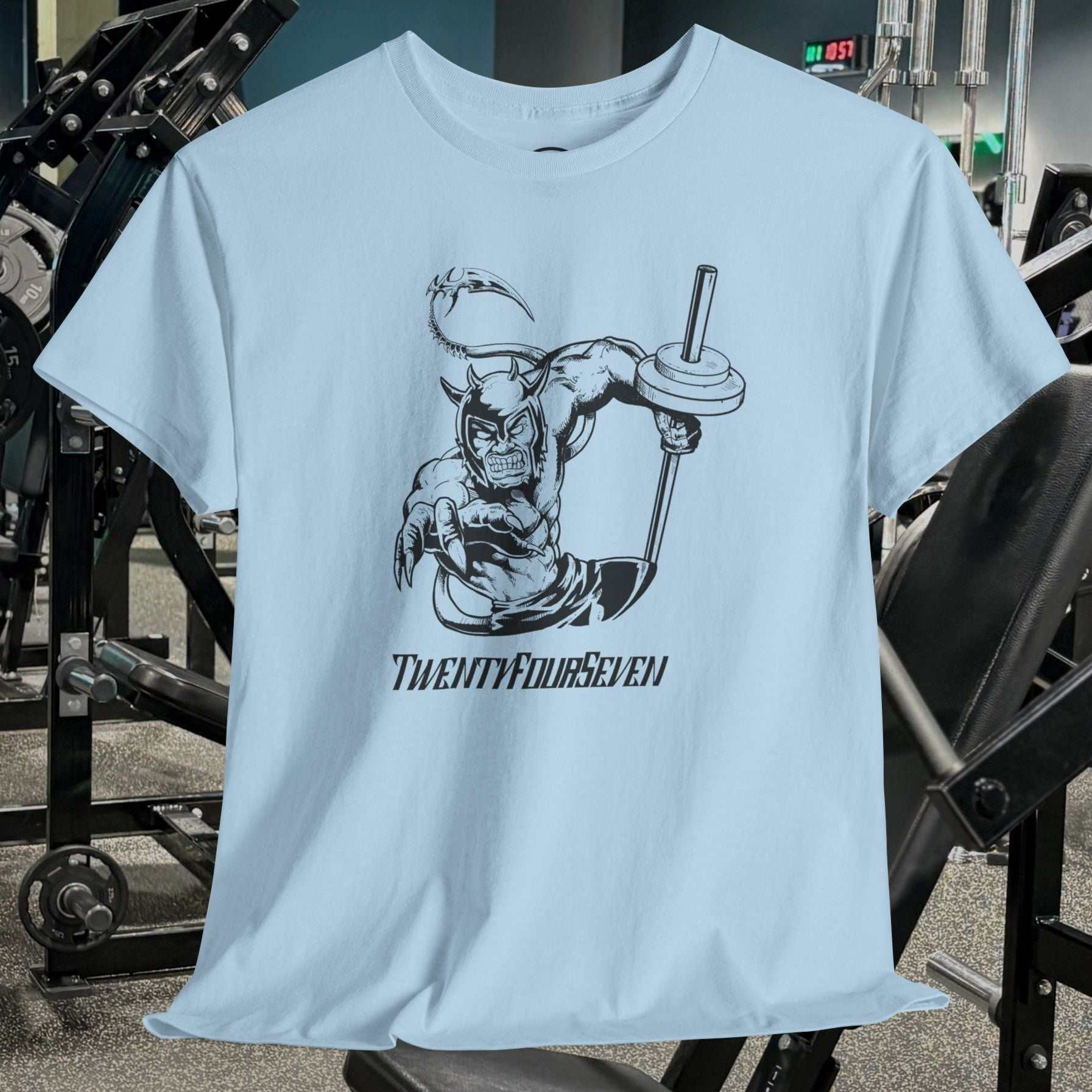 Light blue gym tee with hand-drawn comic-style superhero lifting weights design