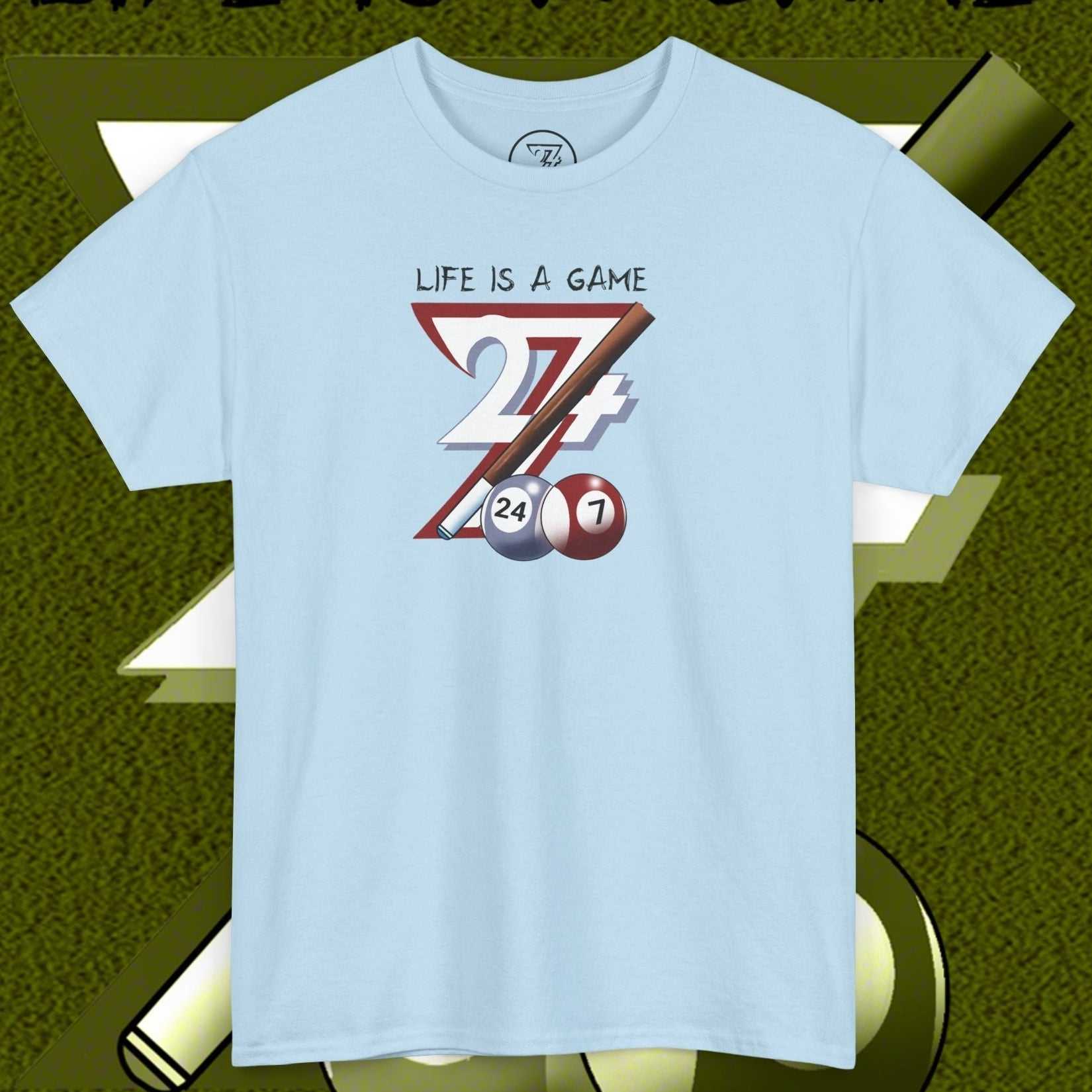 Light blue pool tee with hand-drawn billiards design and "Life is a game" text on front.