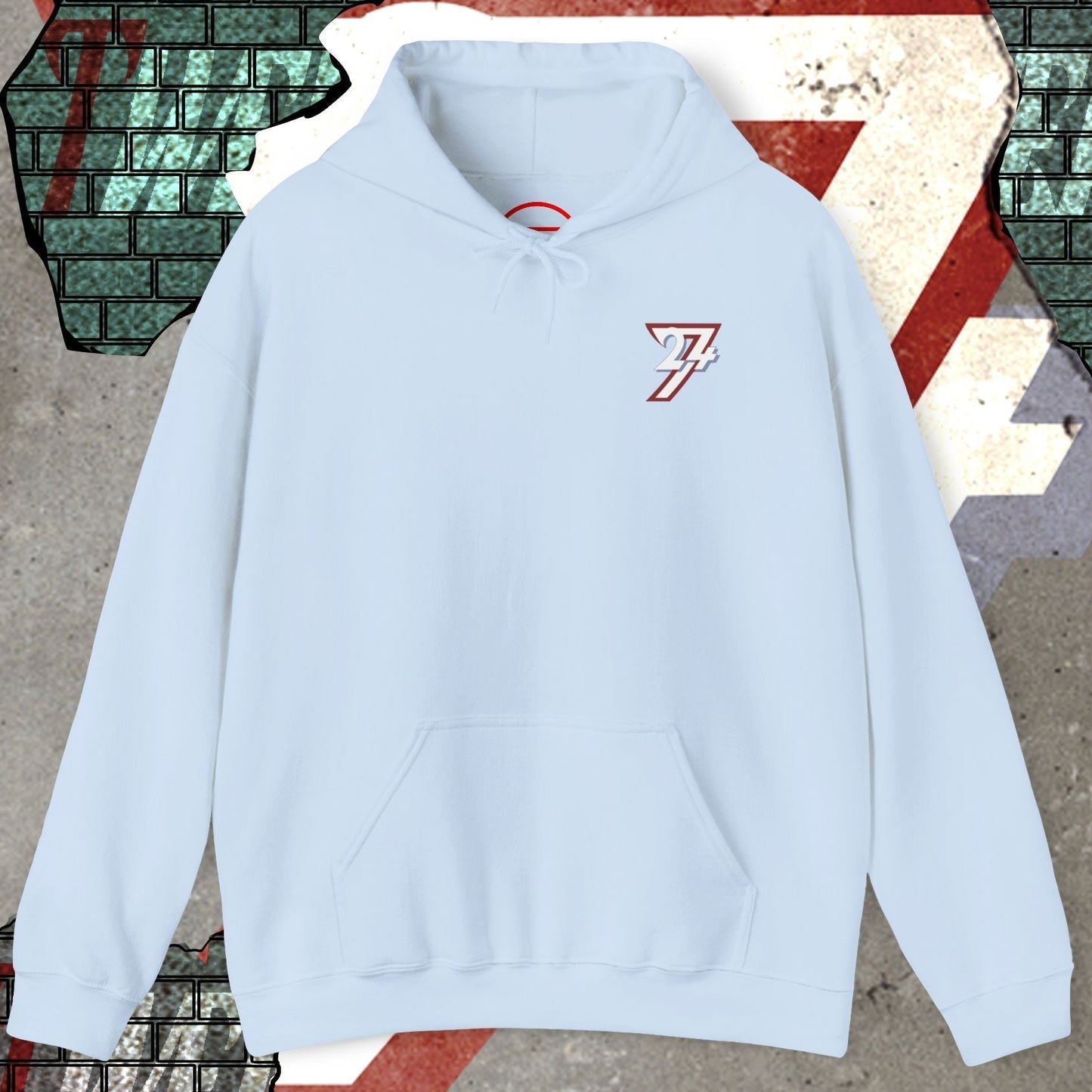 Light blue printed hoodie with 24/7 logo, cotton-polyester blend, casual adult sweatshirt