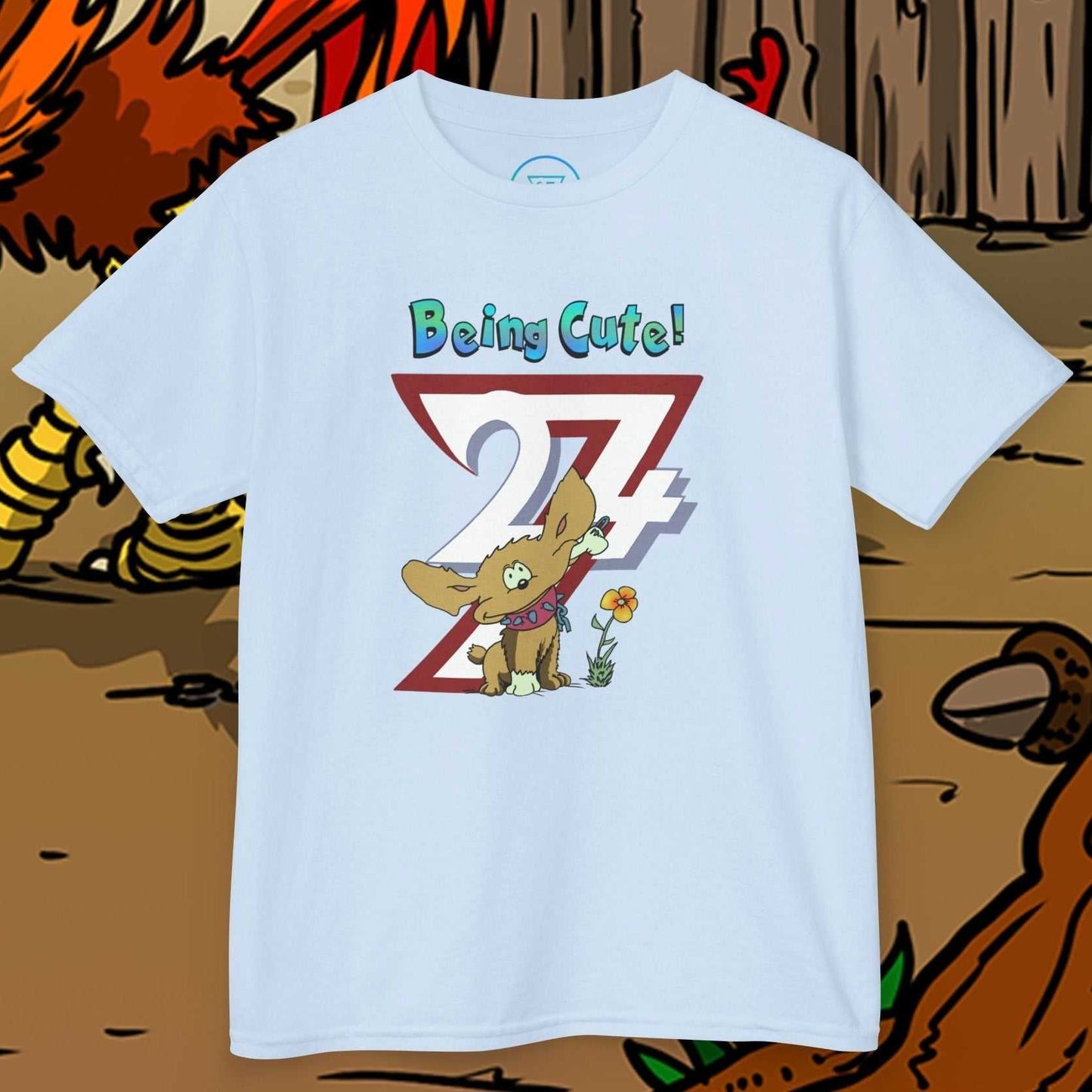 Light blue puppy kids t-shirt with cartoon dog and "Being Cute" text design