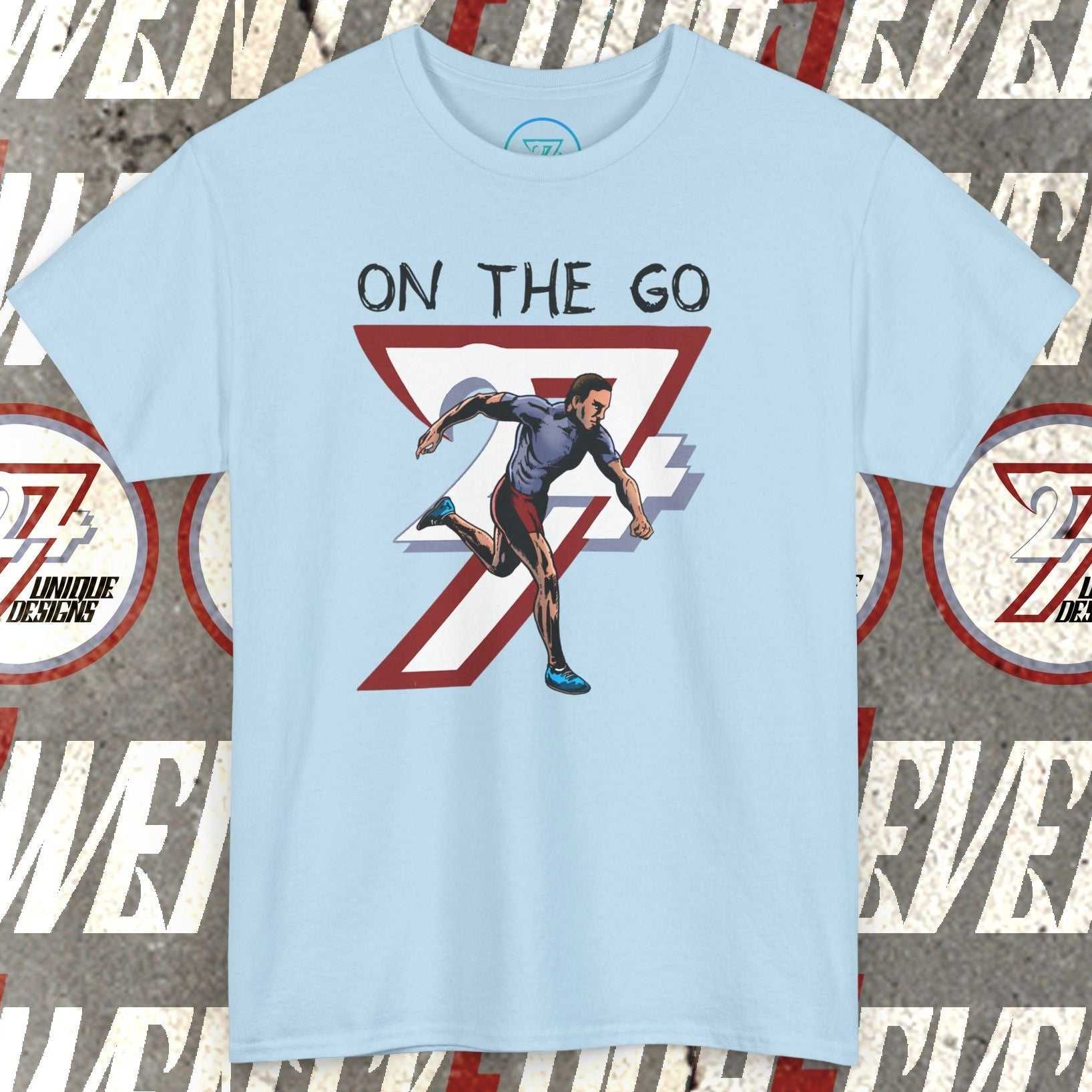 Light blue running sports tee with hand-drawn runner illustration and "On The Go" text on front