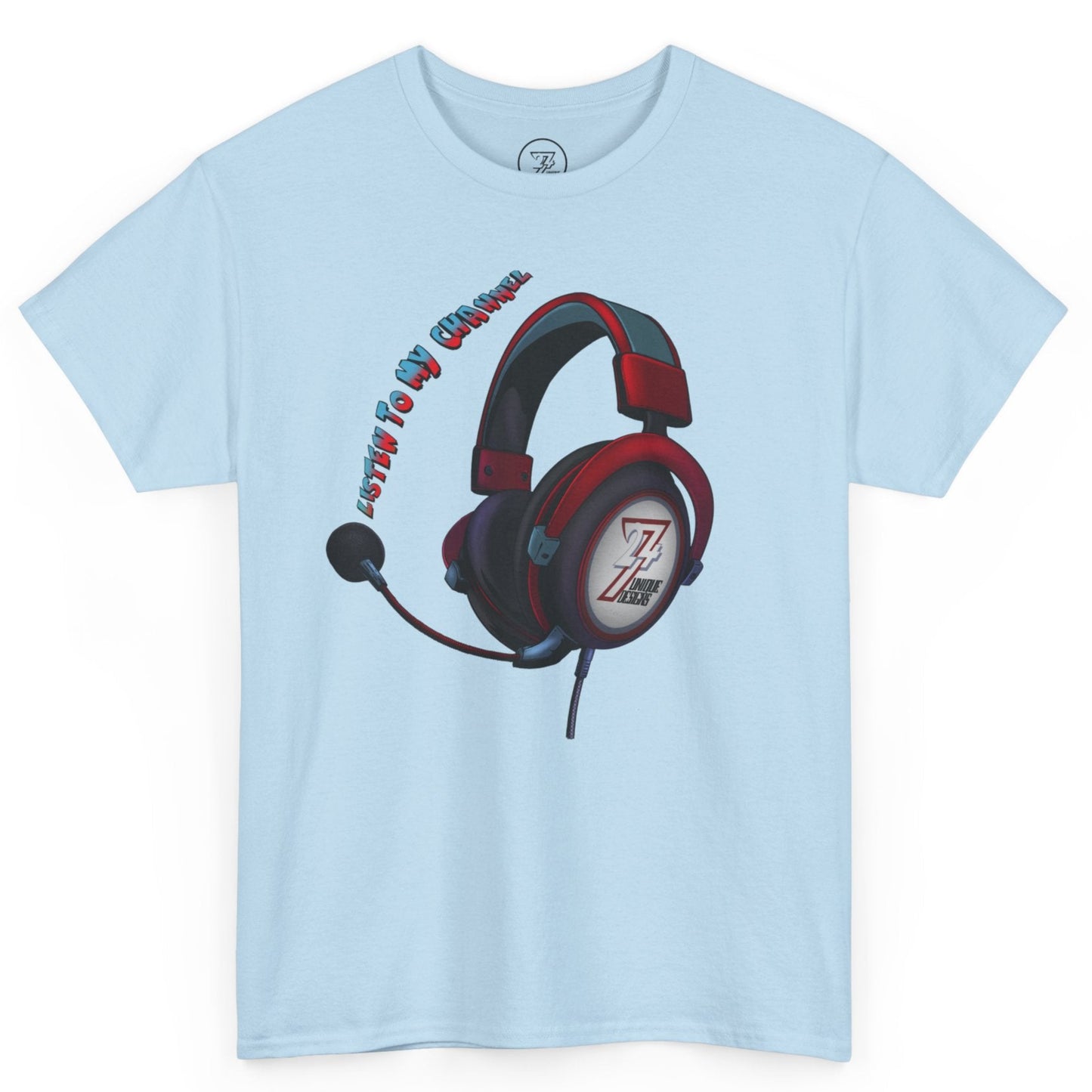 Light blue t-shirt with vibrant headphone design