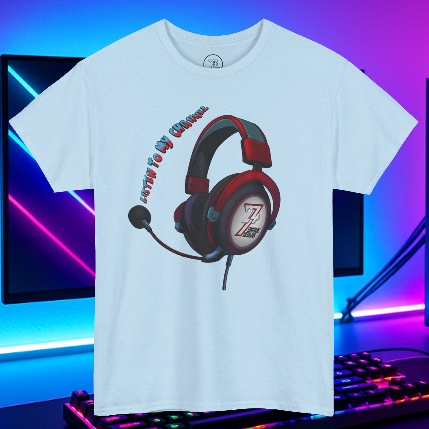 custom t-shirt with headphone graphic and "Listen To My Channel" slogan designed for streamers and content creators