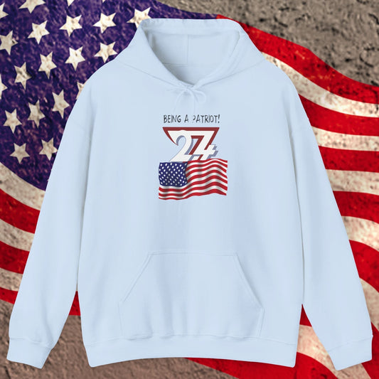 Light blue usa flag hoodie with American flag design on a textured surface
