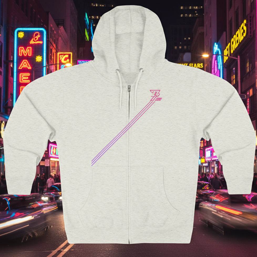 Light gray women zip hoodie with pink diagonal stripes and kangaroo pocket, casual streetwear style