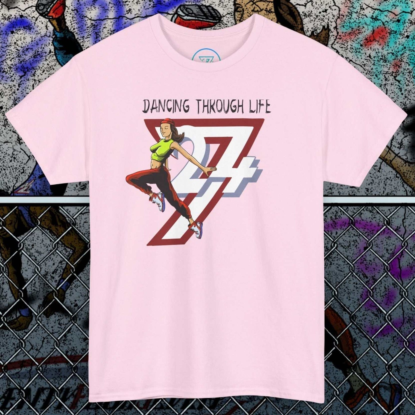 Light pink Street Dance Graphic Tee with vibrant hand-drawn dancer illustration and urban style text "Dancing Through Life" on front