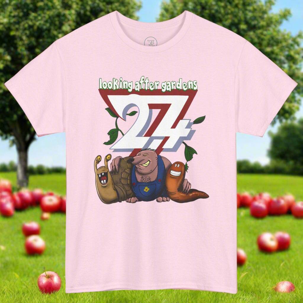 Light pink fun t-shirt with Gardening Squad design featuring a slug, mole, and snail, comfortable 100% cotton fabric