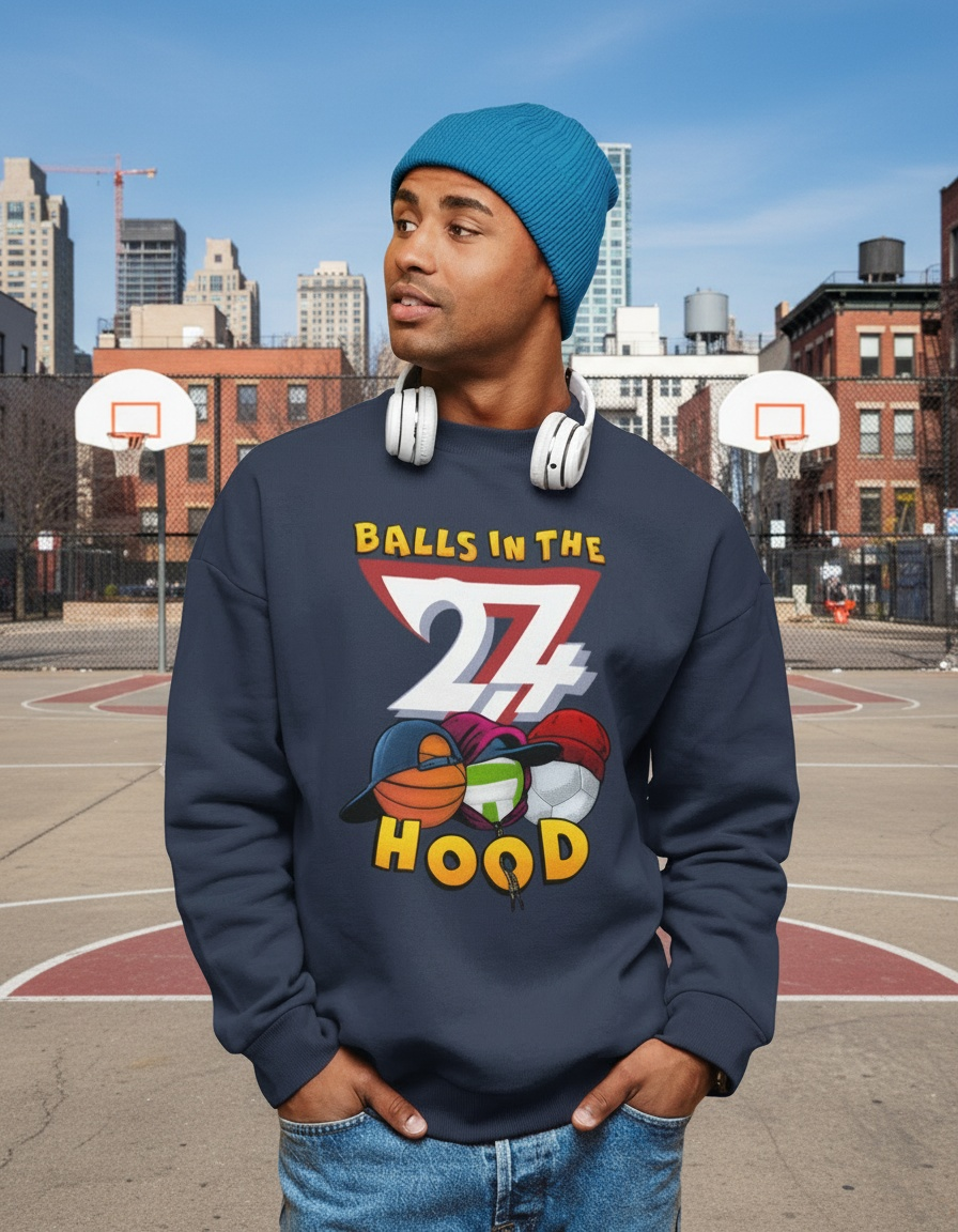 Man wearing blue Balls In The Hood sweatshirt with basketball and sports-themed design, blue beanie, and headphones around neck