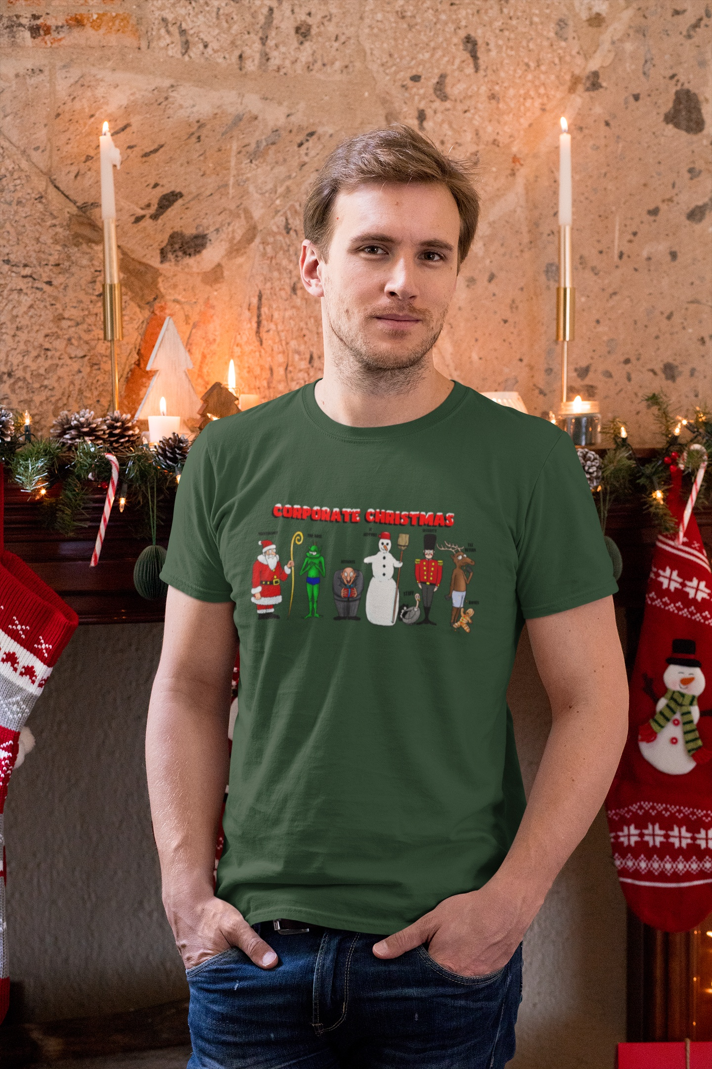 Man wearing funny Christmas T-shirt with Christmas characters and "Corporate Christmas" text in festive setting