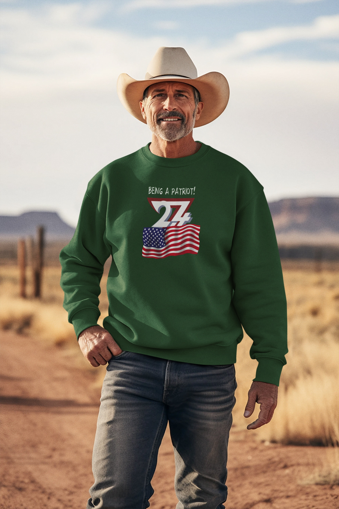 Man wearing green American Flag Patriot Sweatshirt with hand-drawn flag design and cowboy hat outdoors