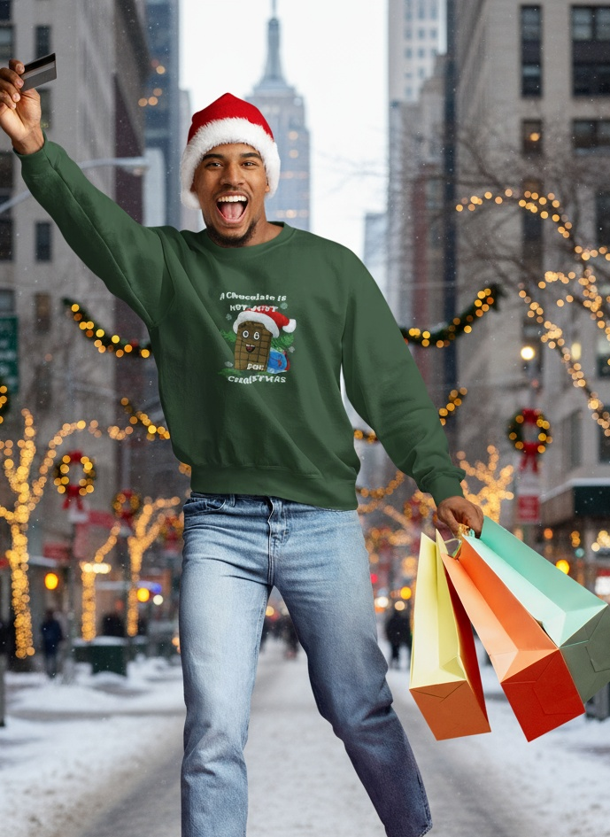 Man wearing green Christmas chocolate sweatshirt with funny cartoon character and Santa hat, holding shopping bags outdoors in winter city scene
