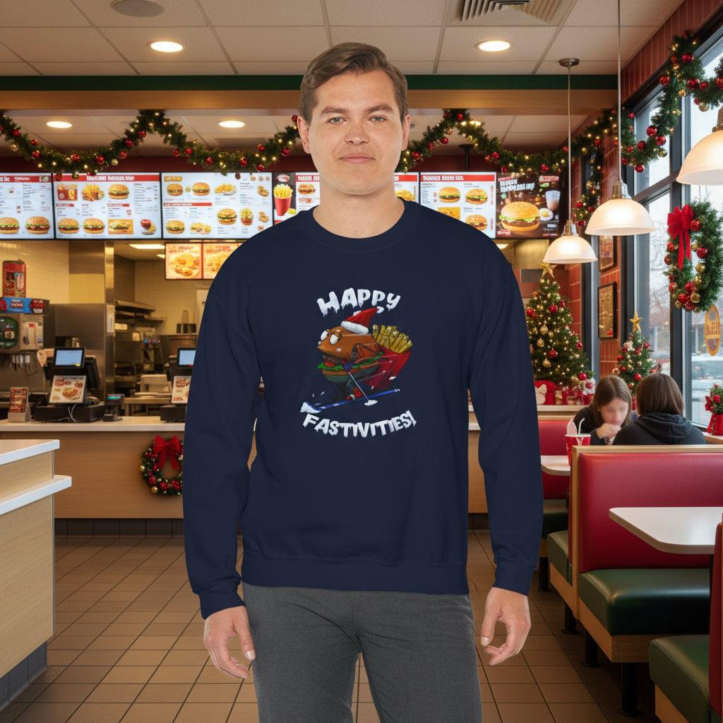 Man wearing navy Christmas sweatshirt with skiing Santa burger cartoon and "Happy Fastvities" text