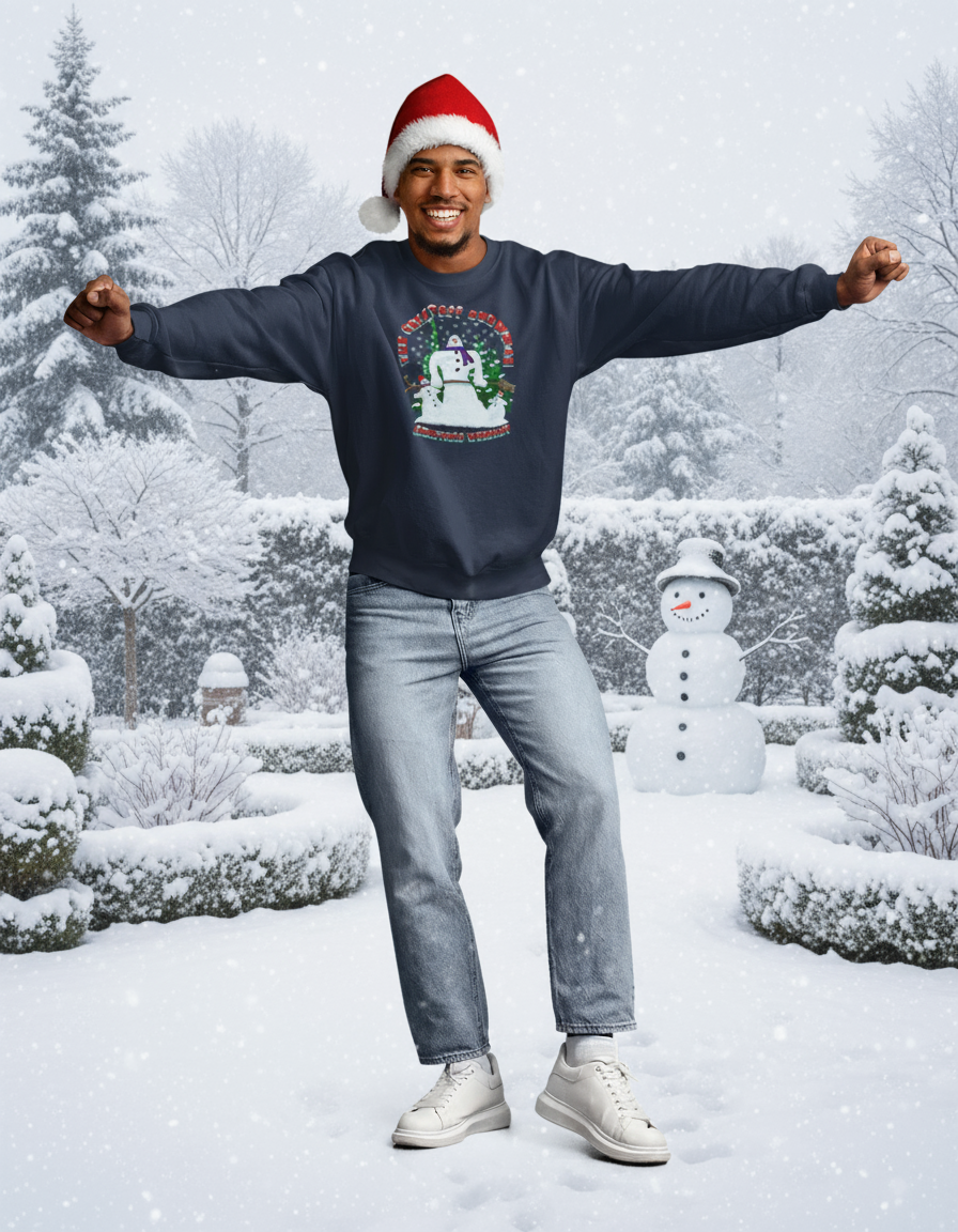 Man wearing navy funny snowman sweatshirt Christmas jumper with Santa hat on white background