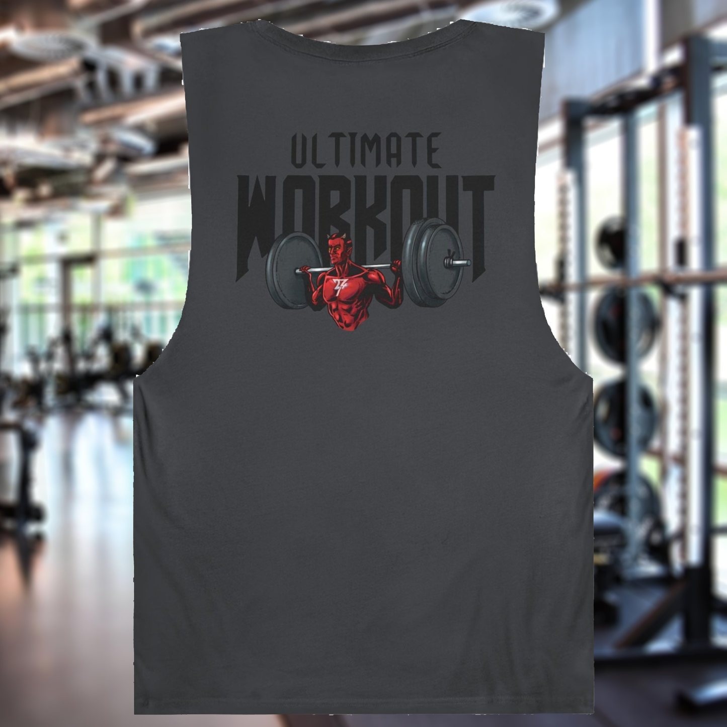 Men's gym muscle tank with fantasy workout illustration and Ultimate Workout text on back sleeveless cotton tank top for fitness enthusiasts