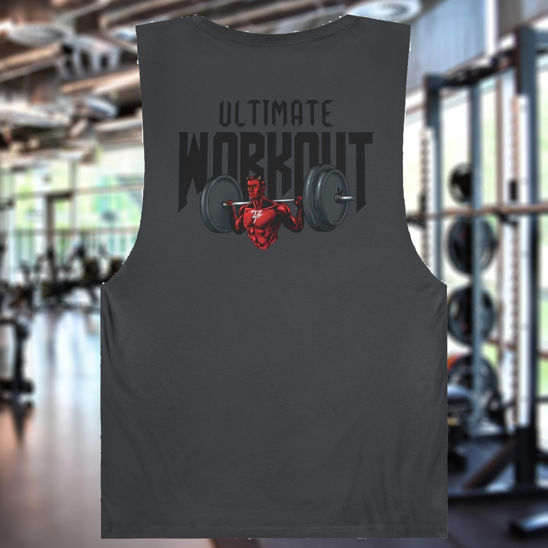 Men's gym muscle tank with fantasy workout illustration and Ultimate Workout text on back sleeveless cotton tank top for fitness enthusiasts