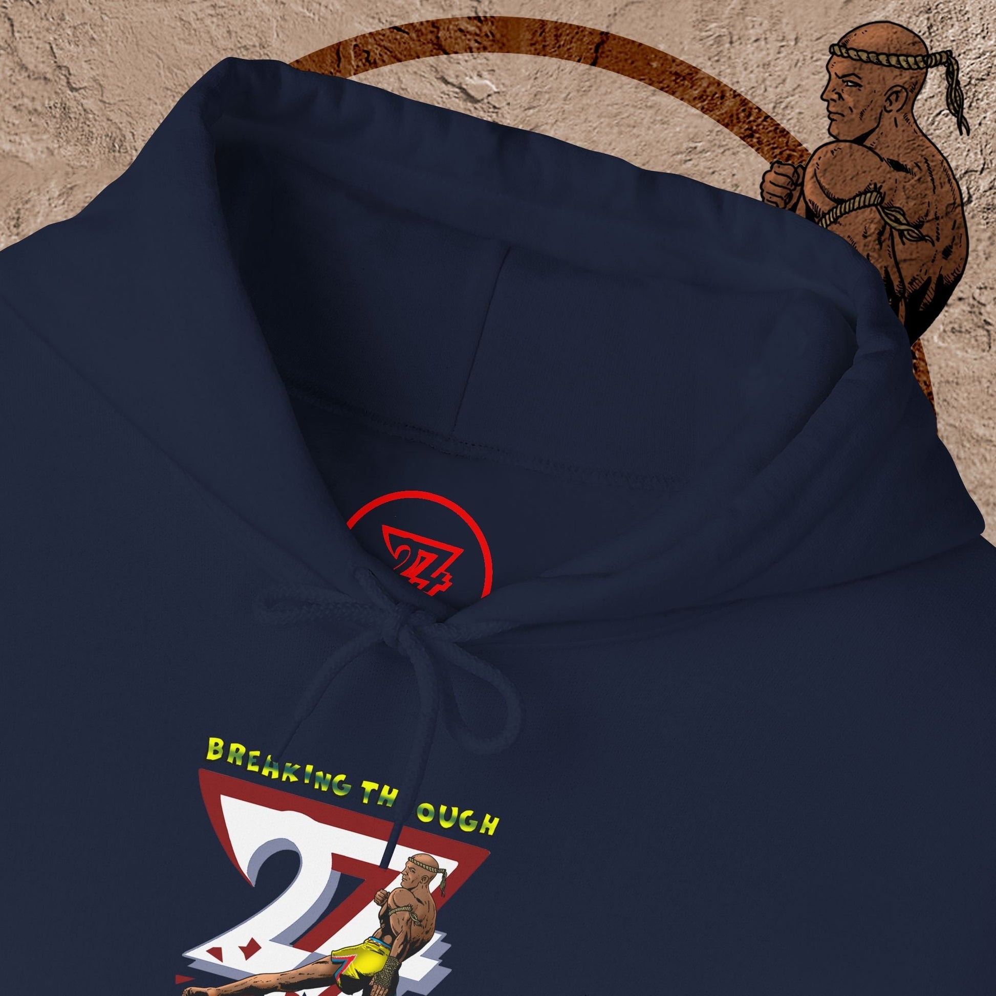 Muay Thai hooded sweatshirt with fighter graphic and statement text, navy blue combat sports hoodie for martial artists