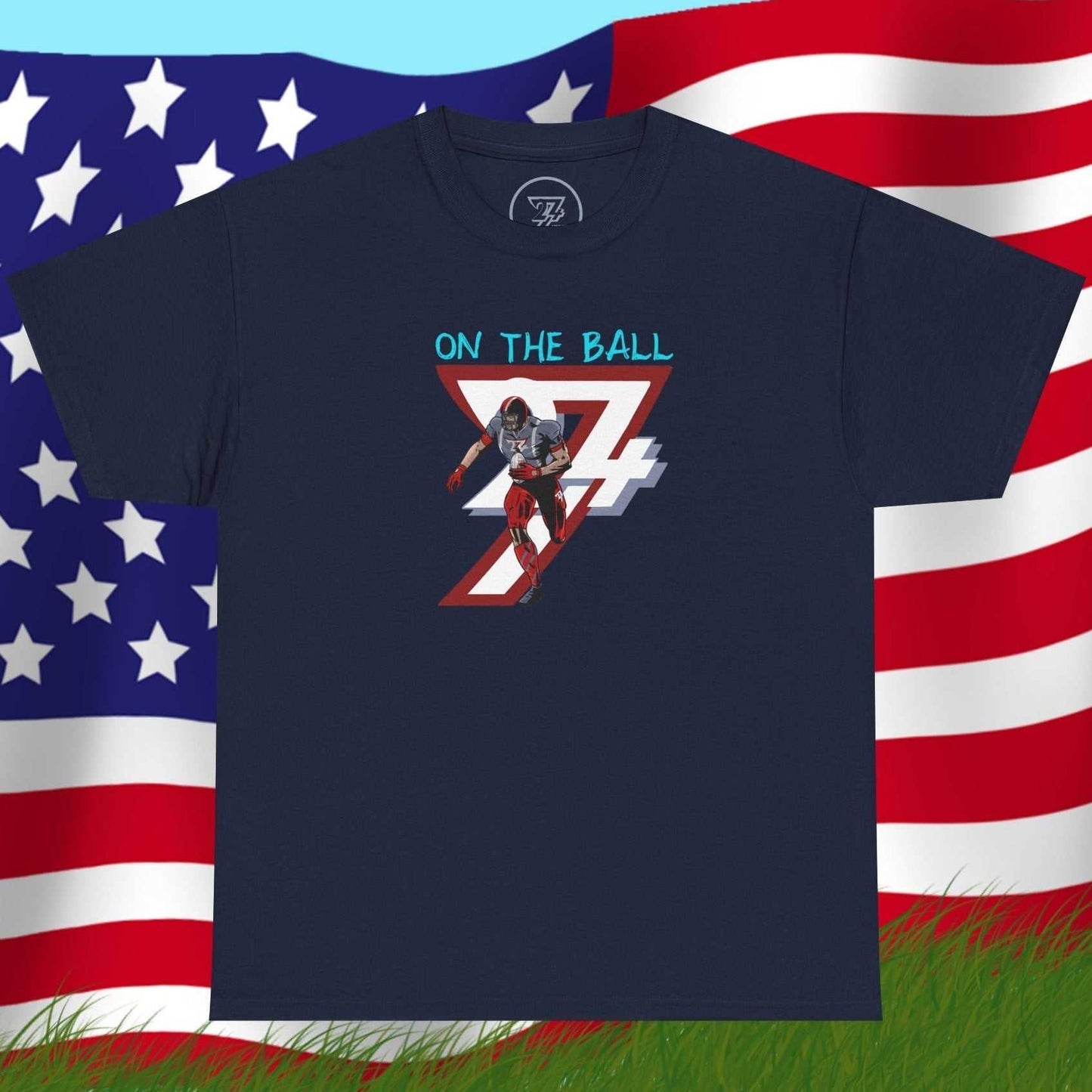 Navy American football tee with hand-drawn comic-style player graphic and "On The Ball" text, soft cotton fabric.