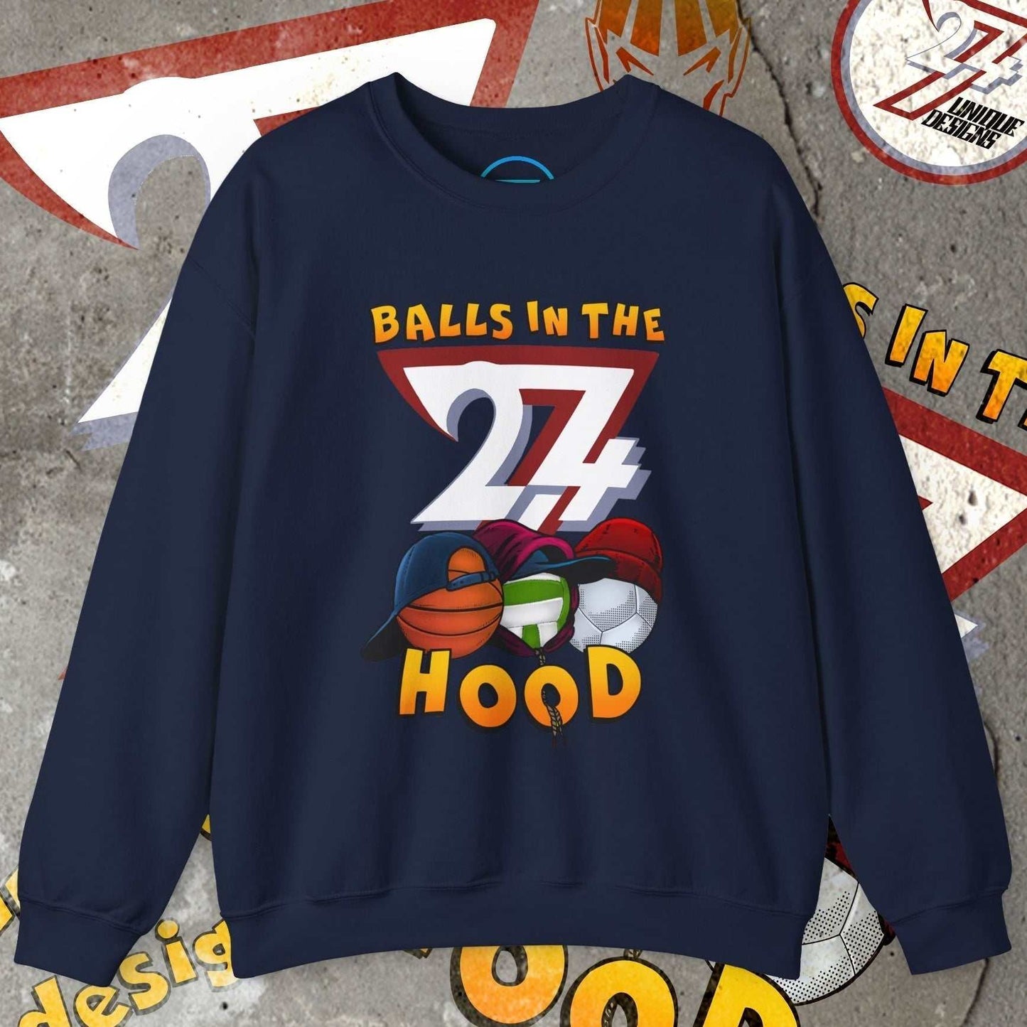Navy Balls In The Hood Sweatshirt featuring urban streetwear design with basketball, football, and volleyball graphics.