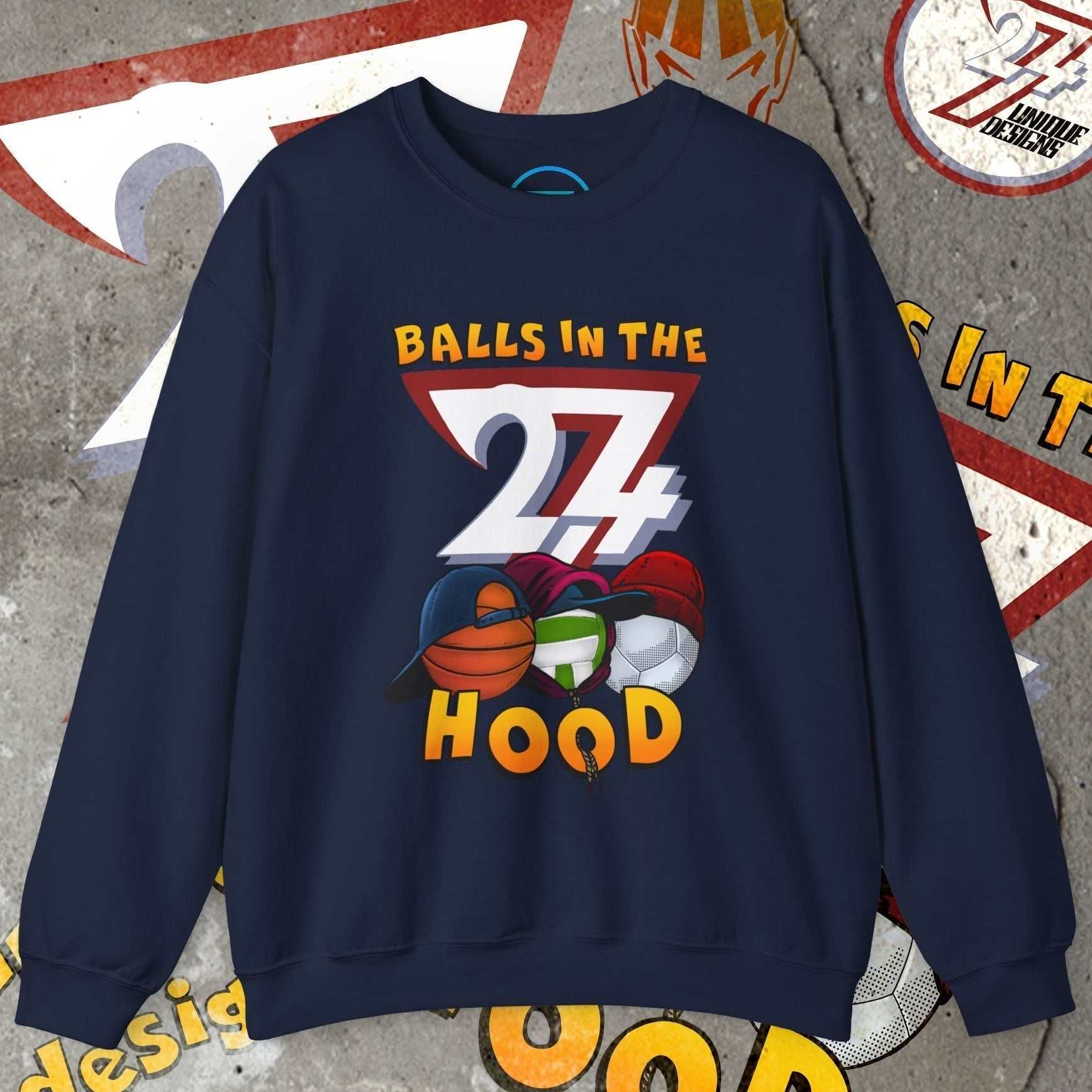 Navy Balls In The Hood Sweatshirt featuring urban streetwear design with basketball, football, and volleyball graphics.