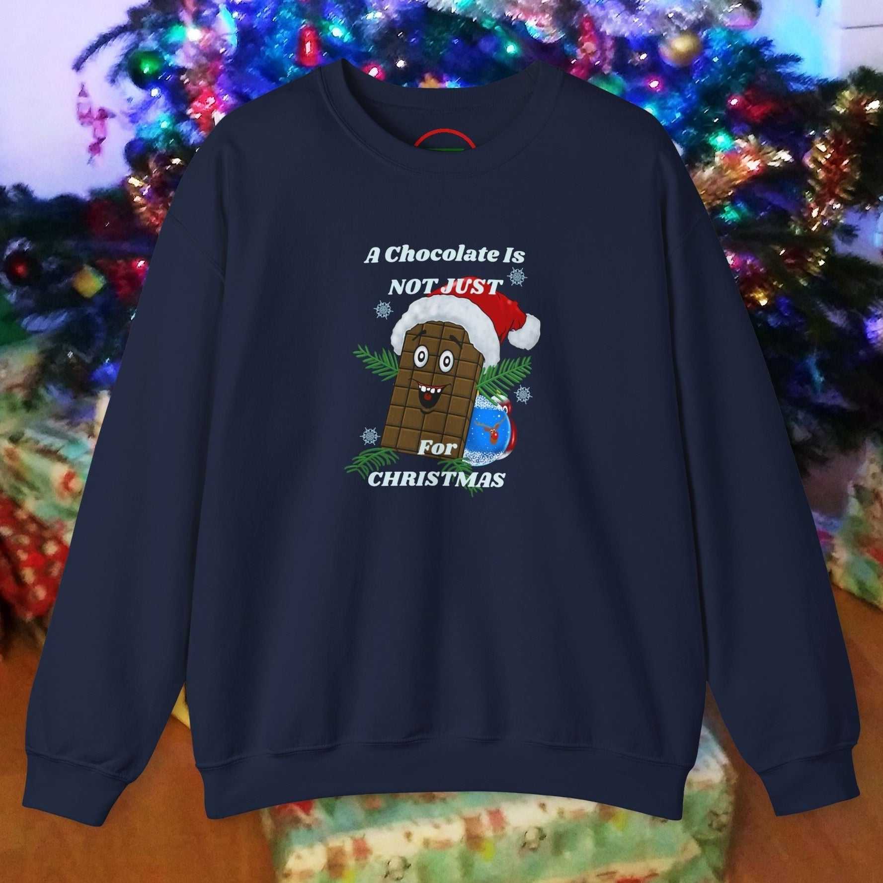 Navy Christmas chocolate sweatshirt with funny chocolate character and festive holiday design