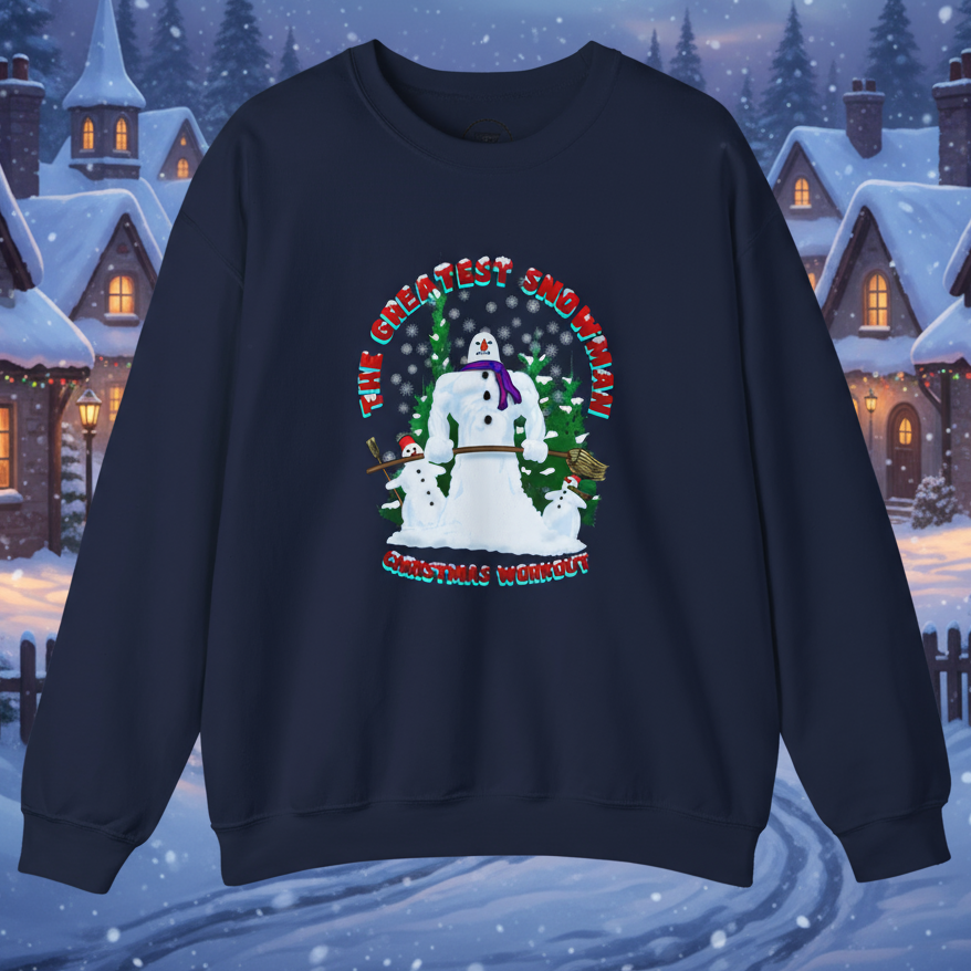 Navy Christmas jumper, snowman sweatshirt with funny bodybuilder snowman design and festive text