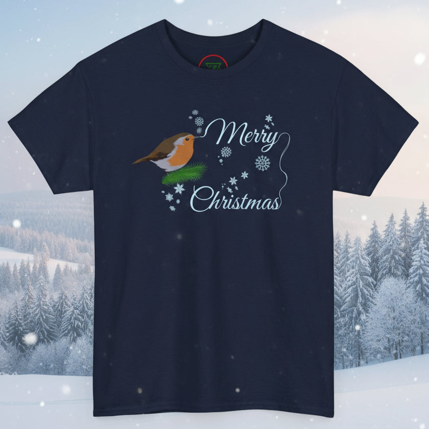Navy Christmas tee with hand-drawn robin and "Merry Christmas" text, festive adult t-shirt by 24/7 Unique Designs
