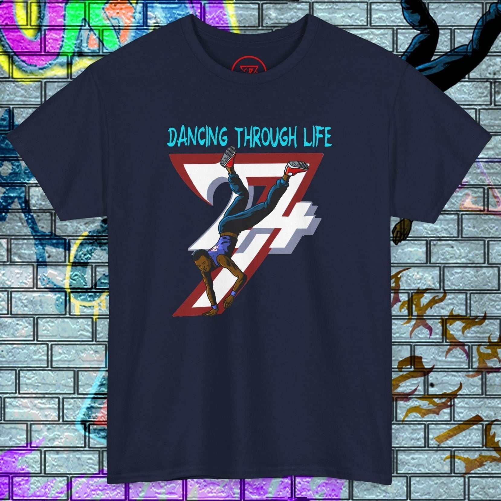 Navy Dance Graphic T-Shirt with urban street dance illustration and "Dancing Through Life" text on front