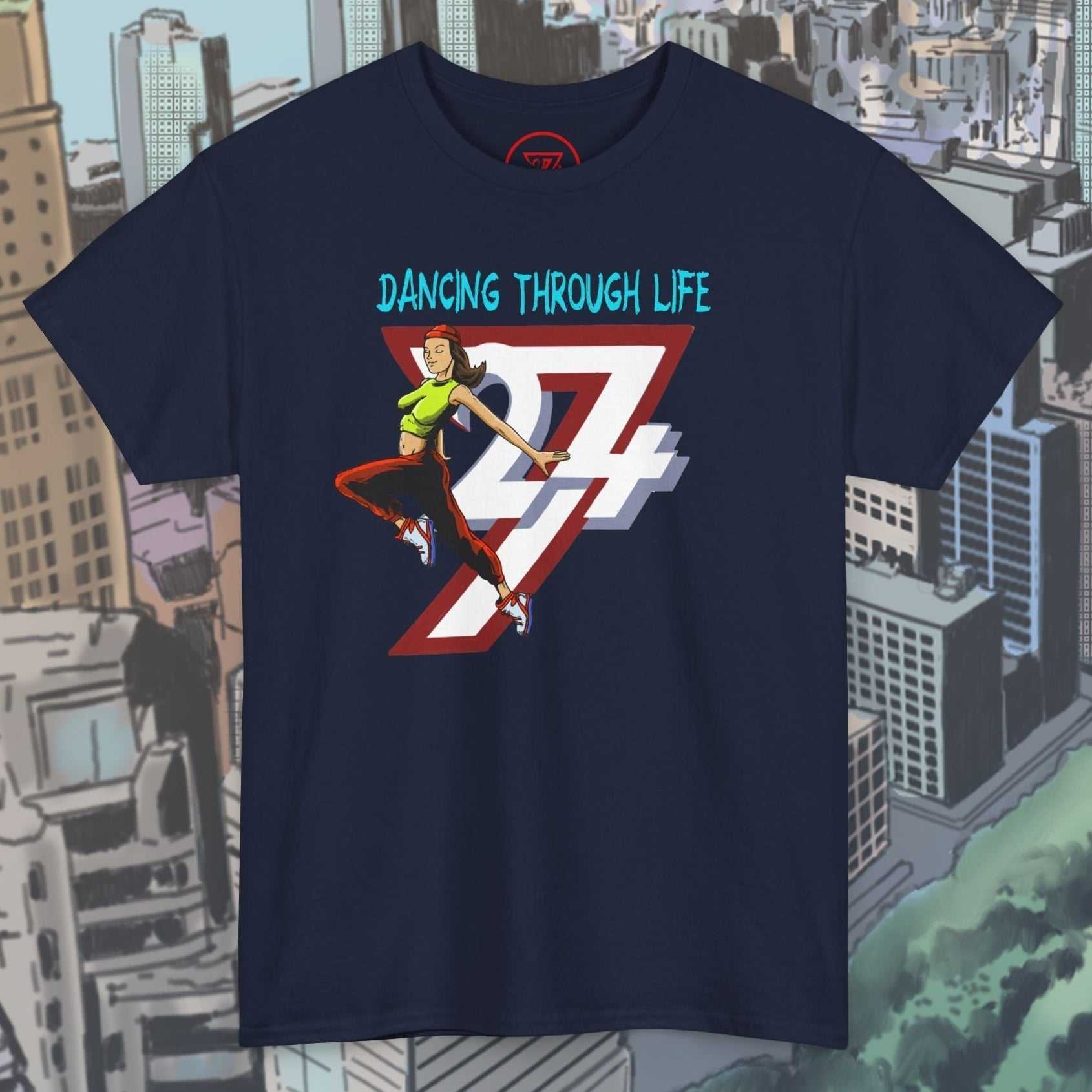 Navy Dancing Girl Tee with hand-drawn dancer and "Dancing Through Life" text, urban streetwear style