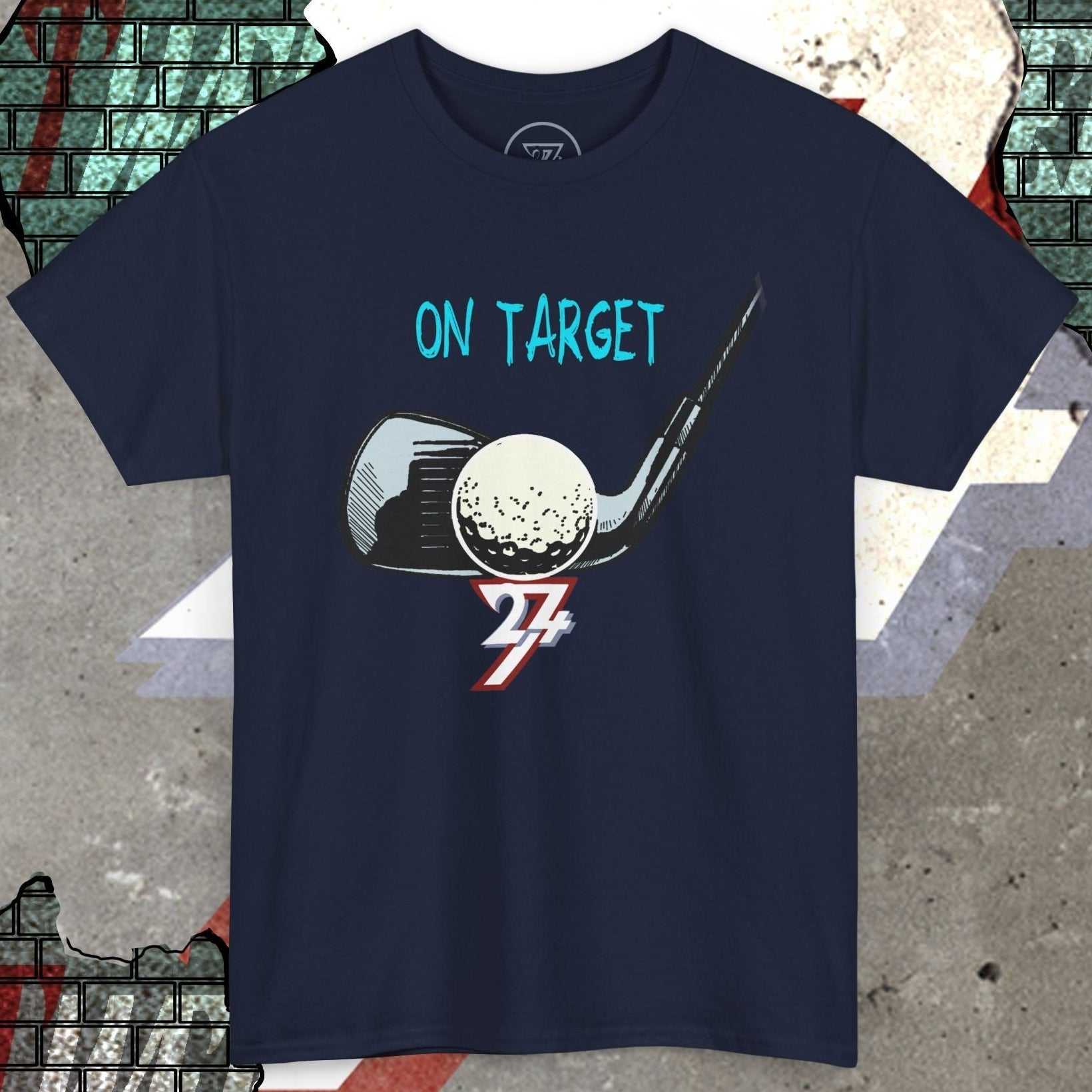 Navy Golf Tee Illustrated T-Shirt with hand-drawn golf club, ball, and "On Target" text design