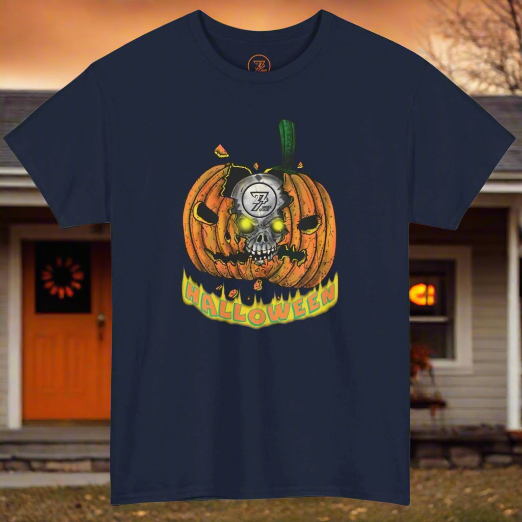 Navy Halloween T-shirt featuring a glowing pumpkin skull design with "Halloween" text.