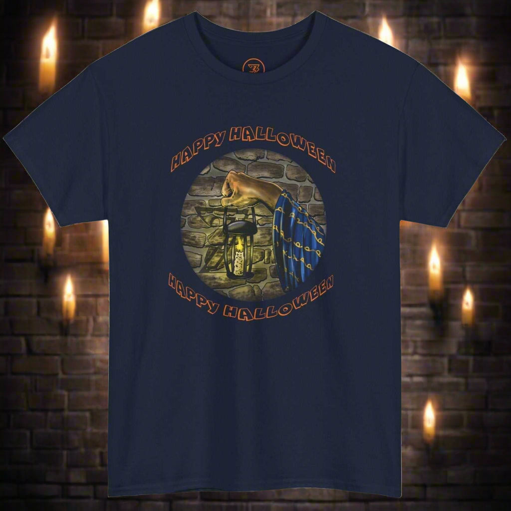 Navy Halloween Wizard T-shirt with magical lantern and "Happy Halloween" text design