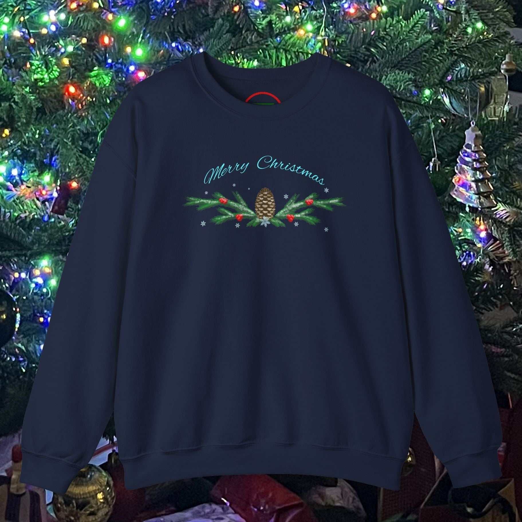 Navy Pinecone Christmas Sweatshirt with festive holiday design and "Merry Christmas" text, cozy winter apparel for parties and gift-giving.
