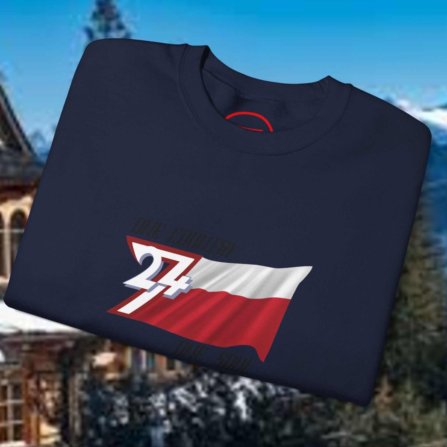 Navy Poland Jumper sweatshirt with hand-drawn Polish flag and "one country one soul" design on chest in snowy mountain setting