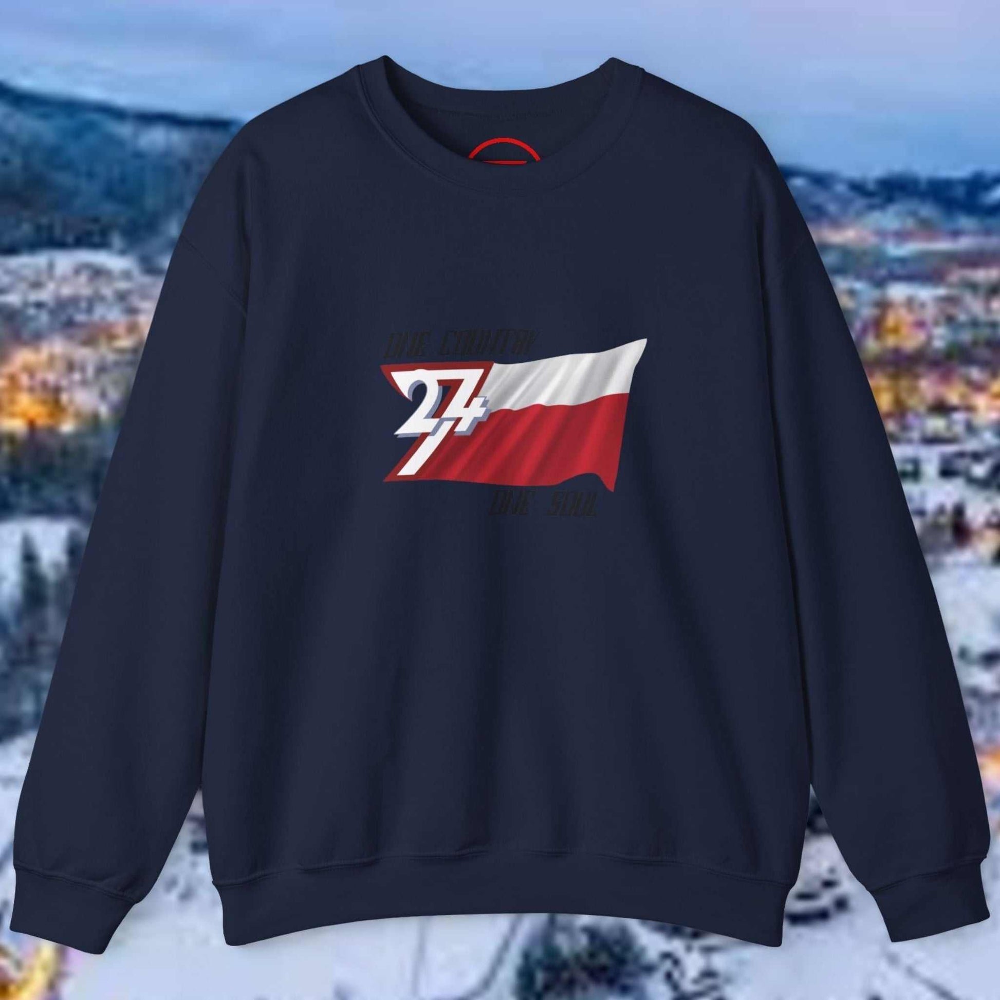 Navy Poland jumper sweatshirt with hand-drawn Polish flag and "one country one soul" slogan on chest