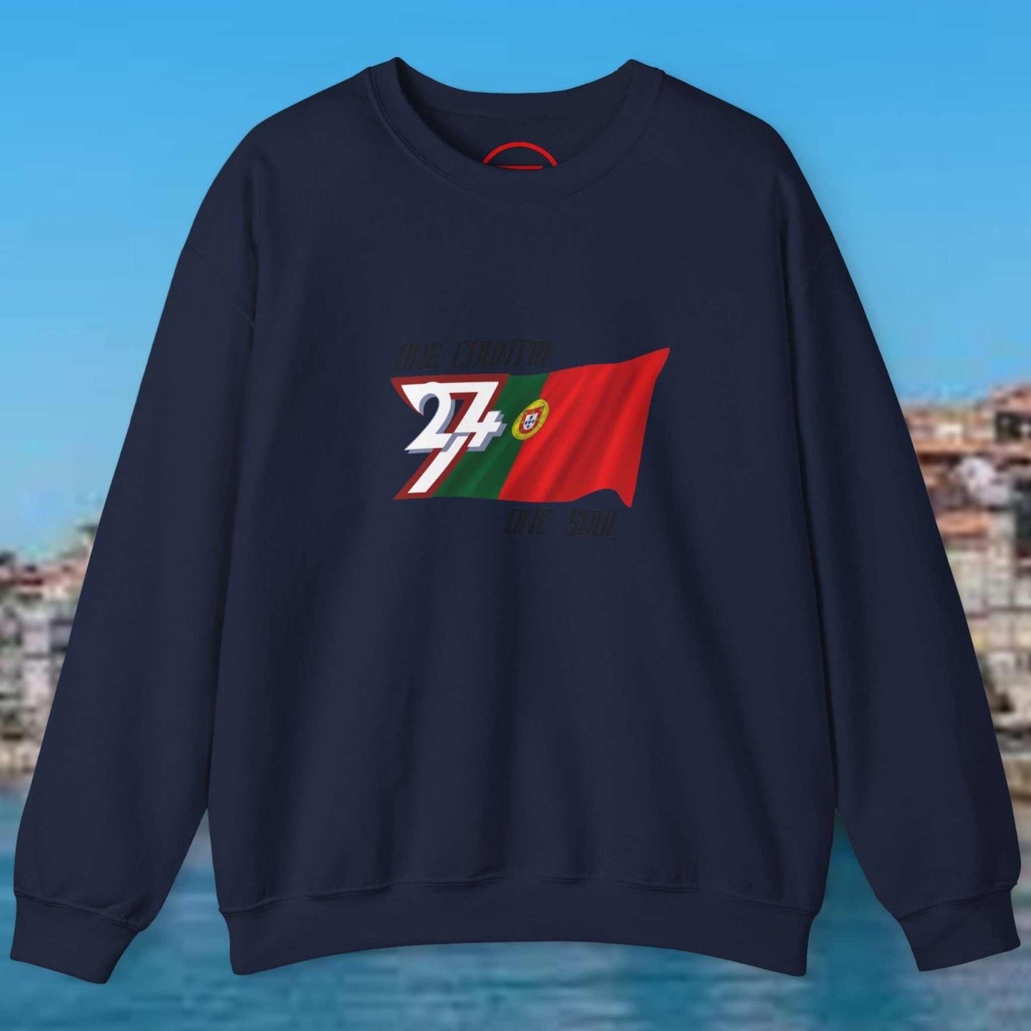 Navy Portugal Flag Sweatshirt with hand-drawn vibrant World Cup football design on front