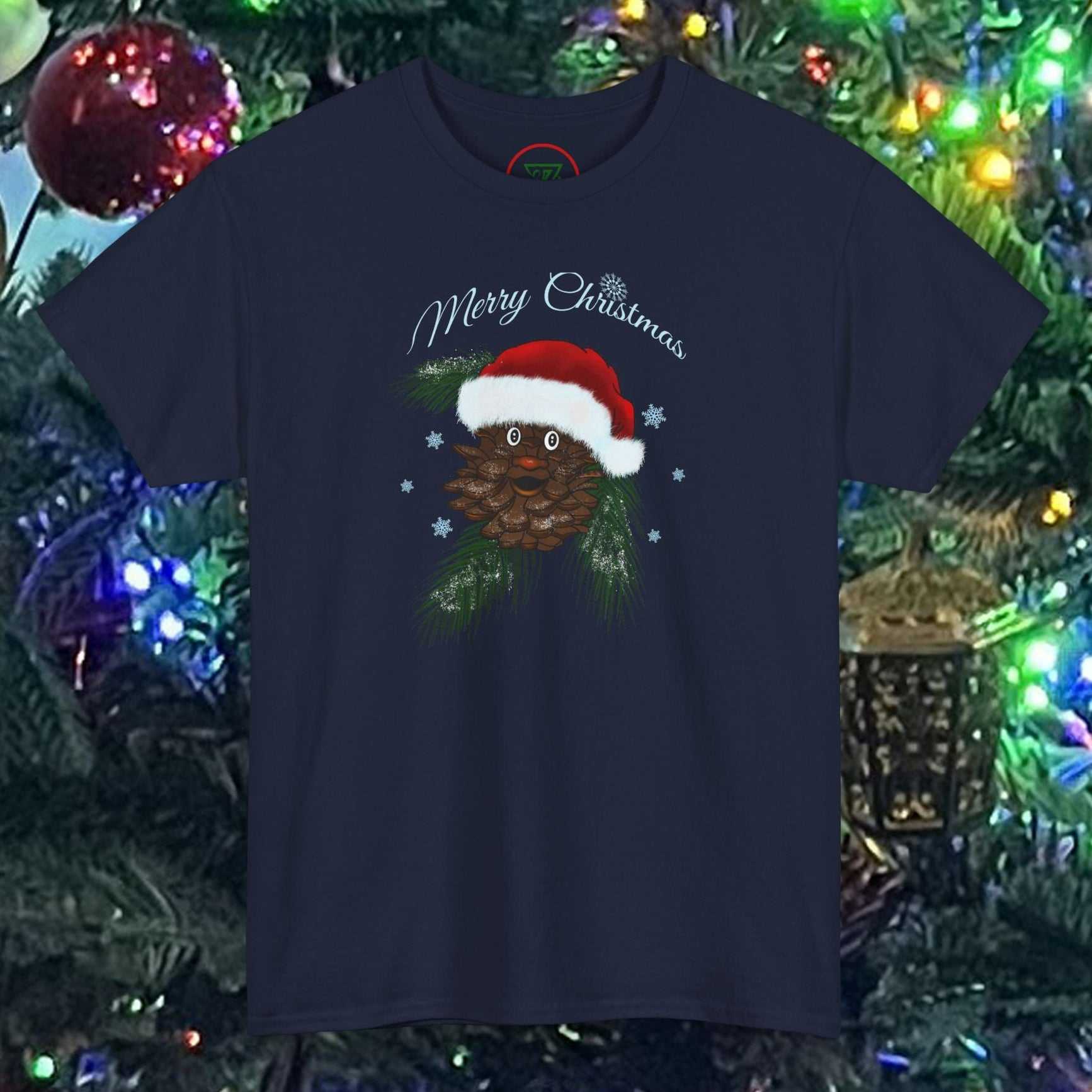 Navy Santa Pinecone Tee with hand-drawn pinecone wearing Santa hat and Merry Christmas text, festive unisex holiday t-shirt