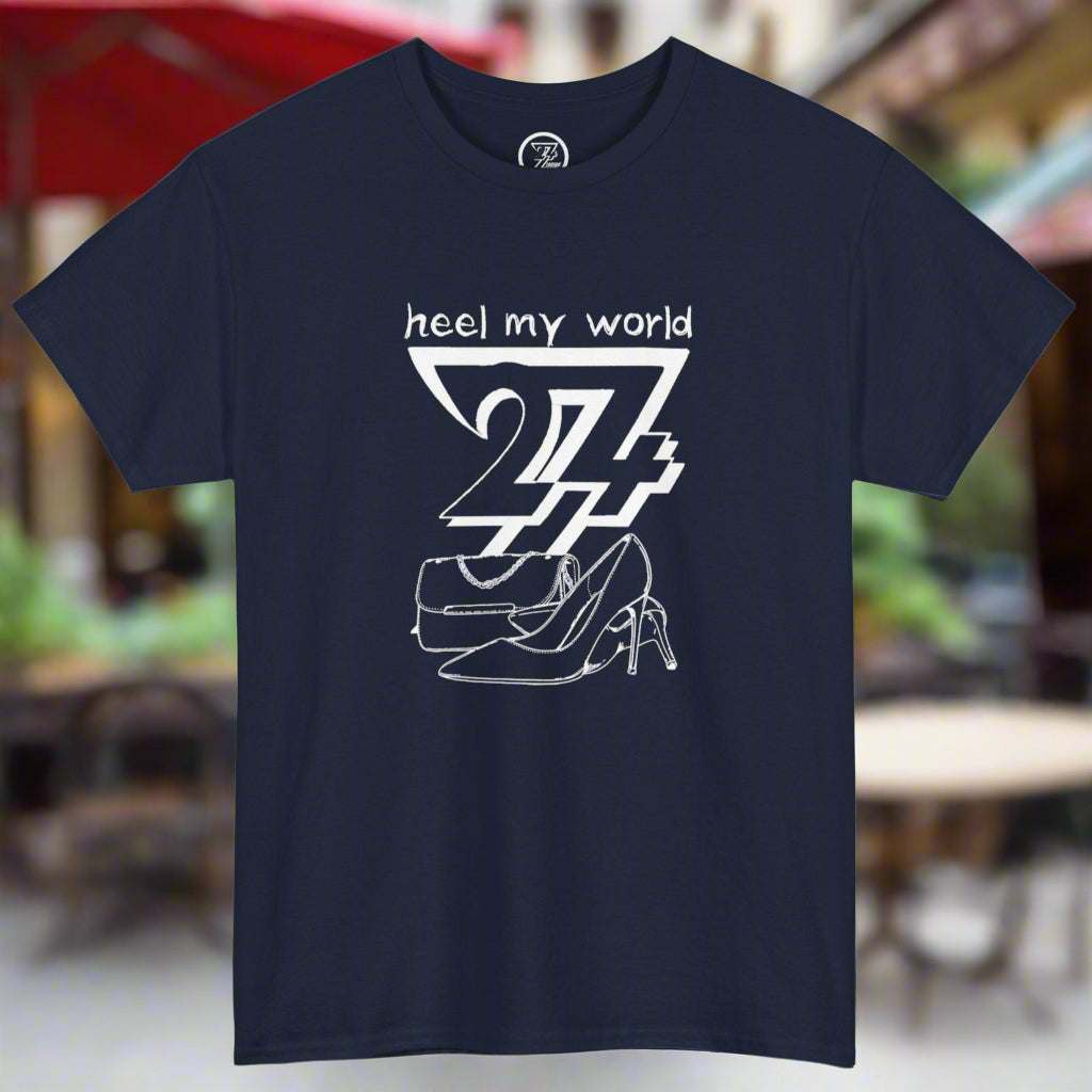 Navy art t-shirt with "heel my world 24/7" quote and high heel graphic, unisex cotton tee