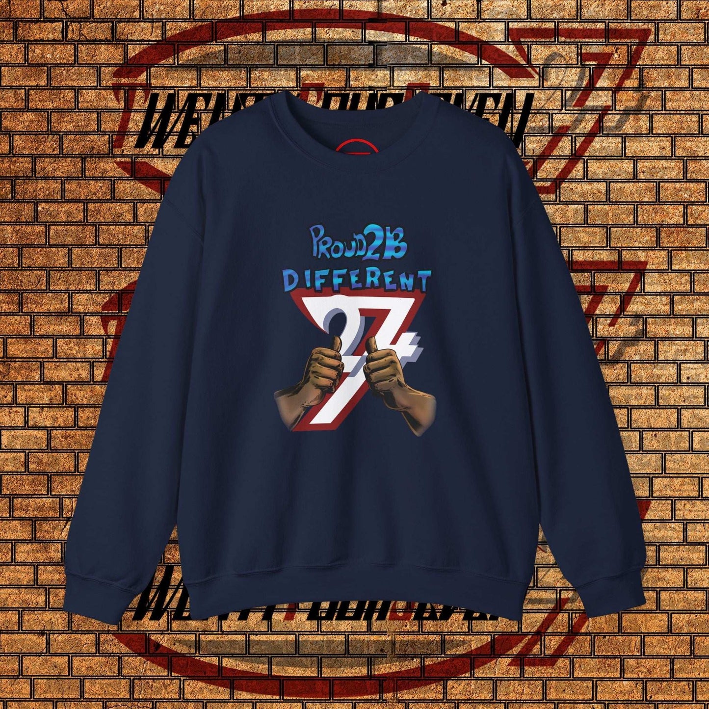 Navy artistic sweatshirt with "Proud 2 B Different" slogan and hand-drawn graphic, cozy crewneck with ribbed collar and double-needle stitching