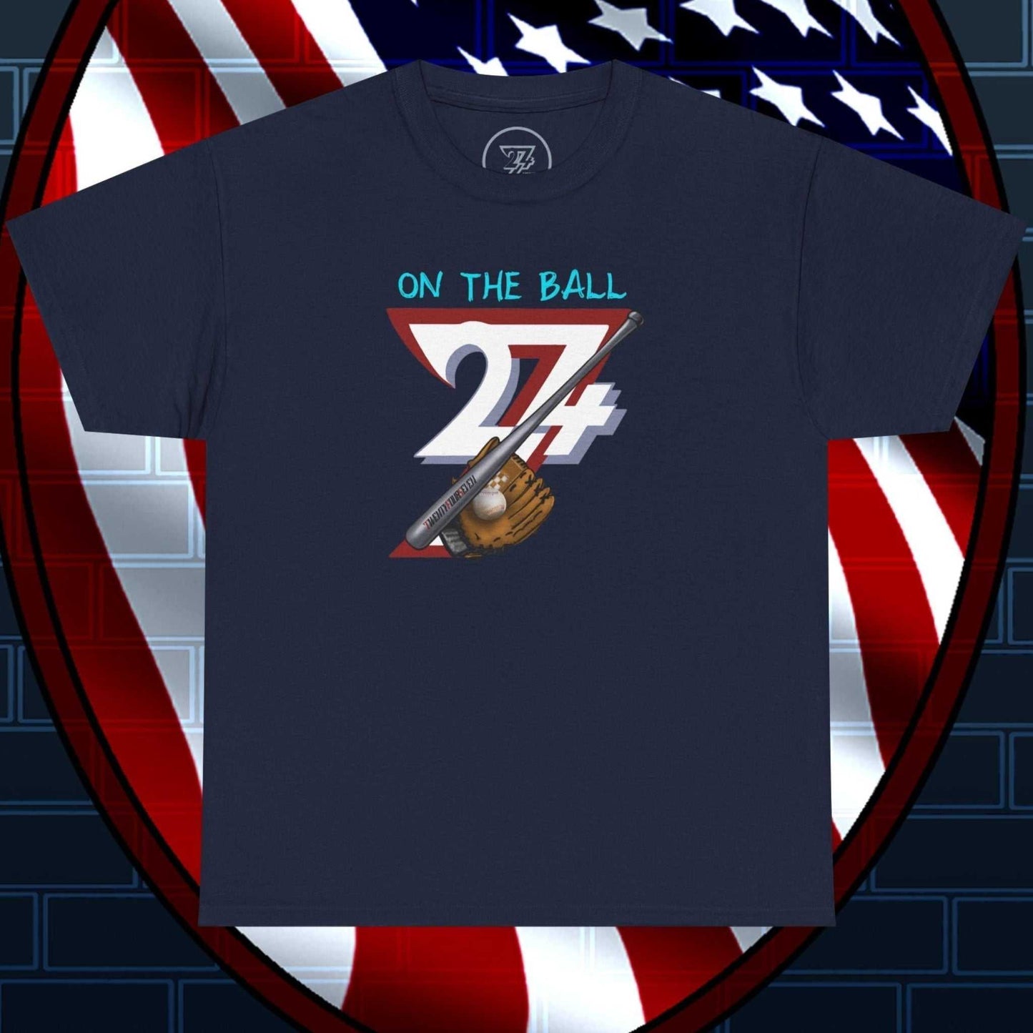 Navy baseball illustrated tee with hand-drawn number 24/7, bat, and glove design, comfortable cotton game day shirt