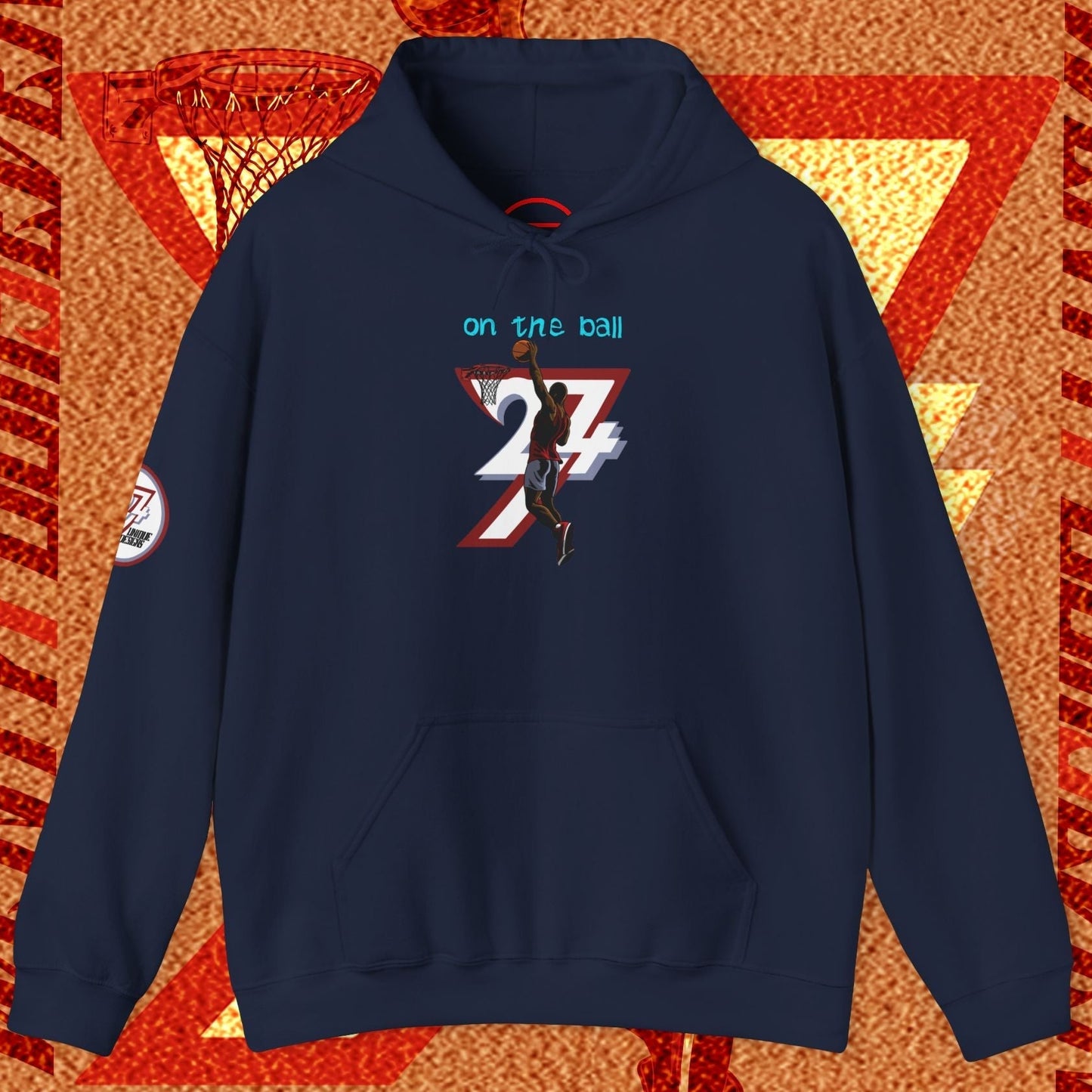 Navy basketball hoodie with unique hand-drawn player design and adjustable drawstring hood for streetwear and training.