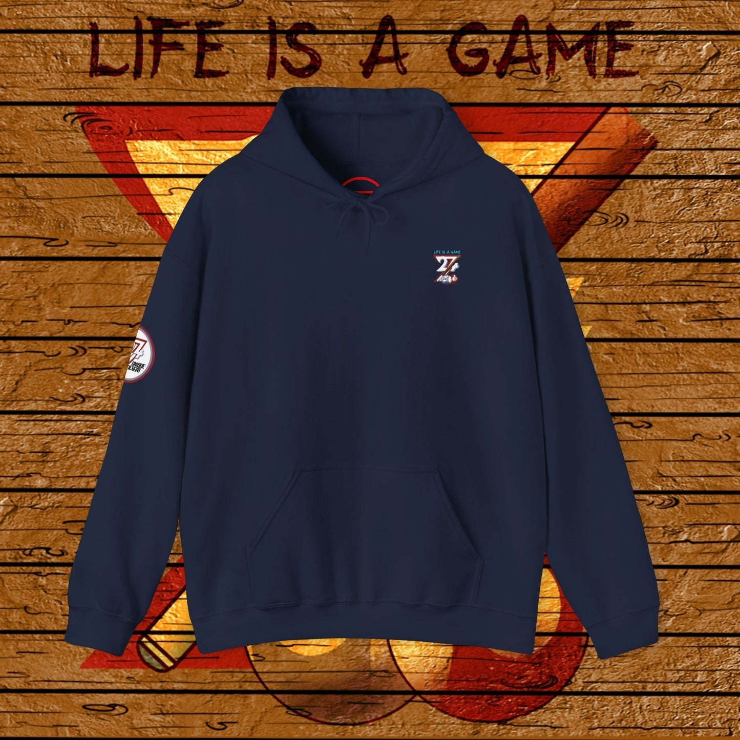 Navy billiard hoodie with front kangaroo pocket and subtle 24/7 Unique Designs logo against wooden pool-themed background.