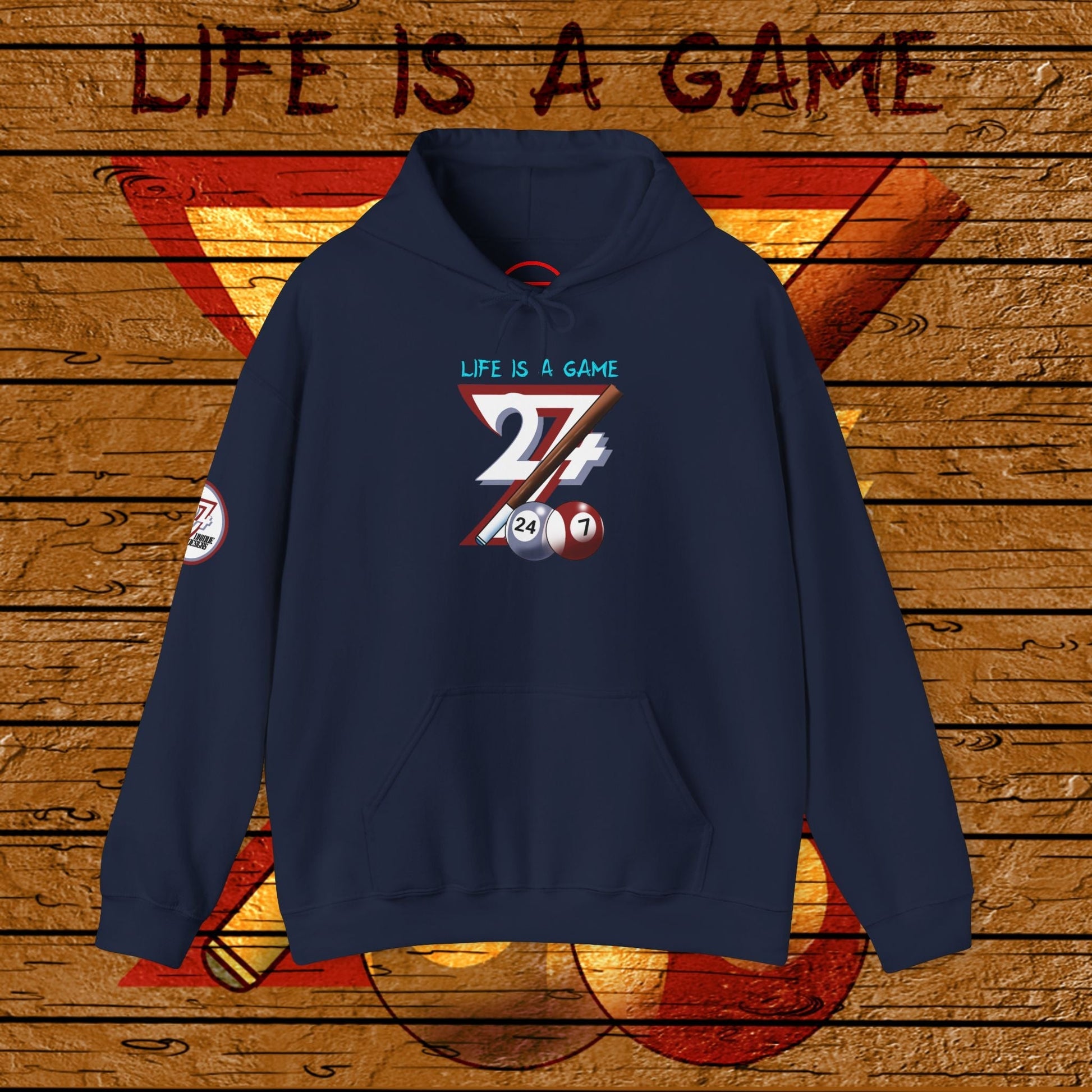 Navy billiards hoodie with unique hand-drawn pool design and "Life is a Game" text on front