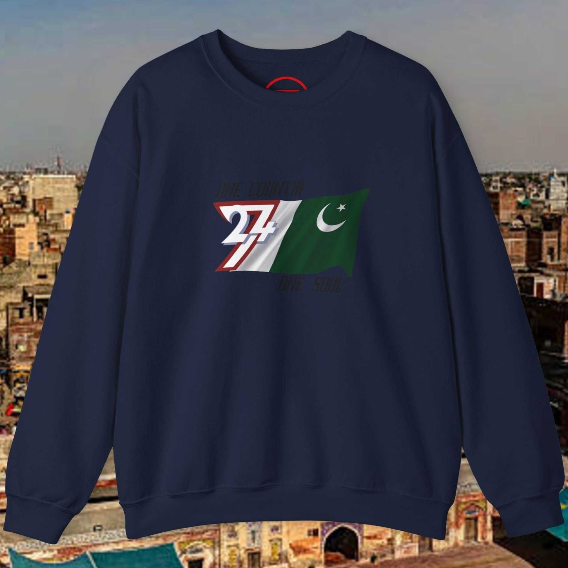 Navy blue Pakistan Flag Sweatshirt with hand-drawn flag graphic and patriotic slogan crewneck design