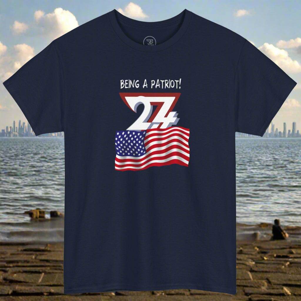Navy blue US Patriot T-shirt with July 4th American flag illustration and "Being a Patriot" text