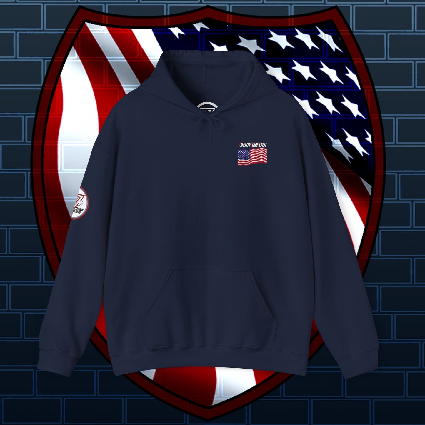 Navy blue US flag hoodie with printed American flag and front kangaroo pocket, ideal for outdoor and holiday wear