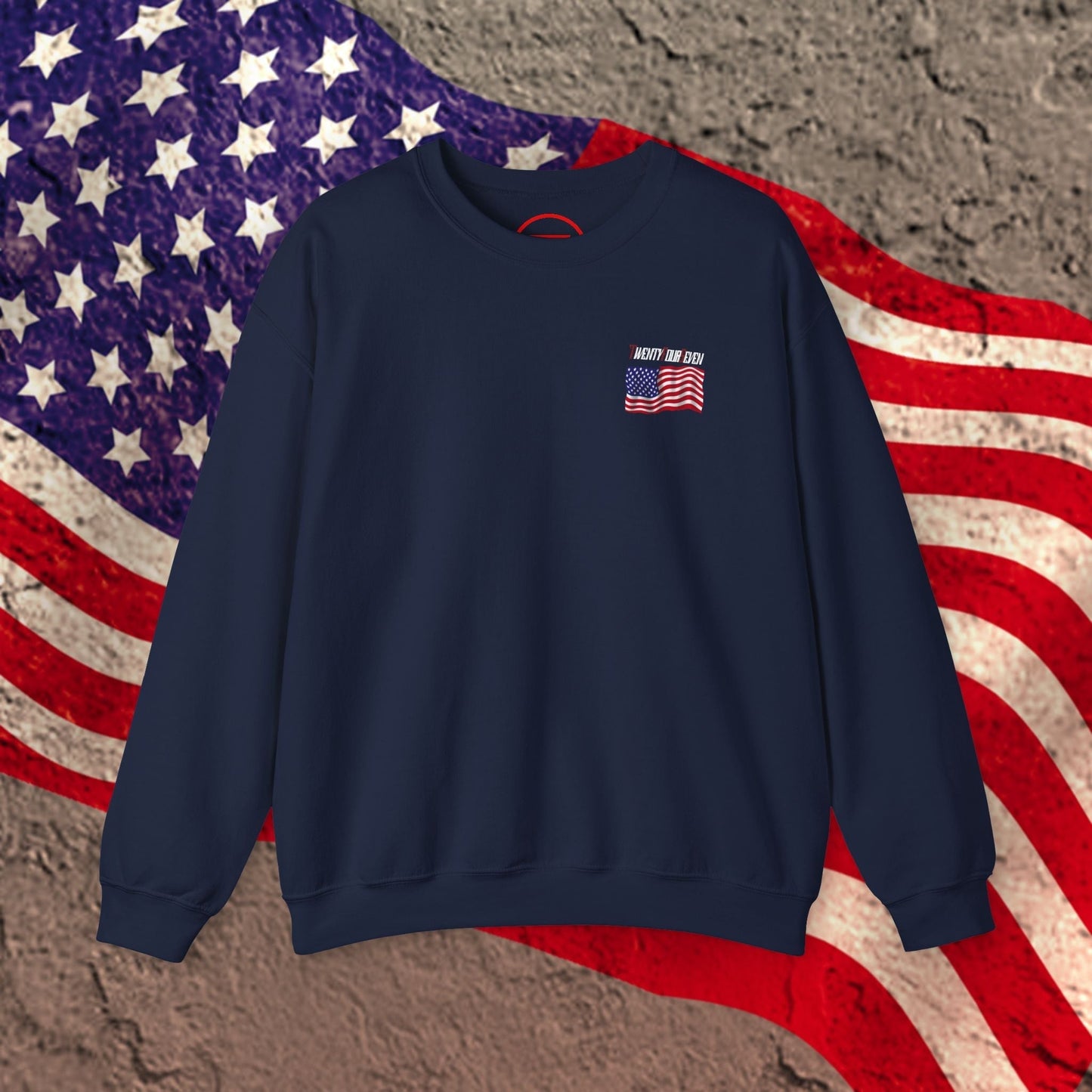 Navy blue US flag sweatshirt with hand-drawn American flag design, perfect for patriotic events and celebrations.