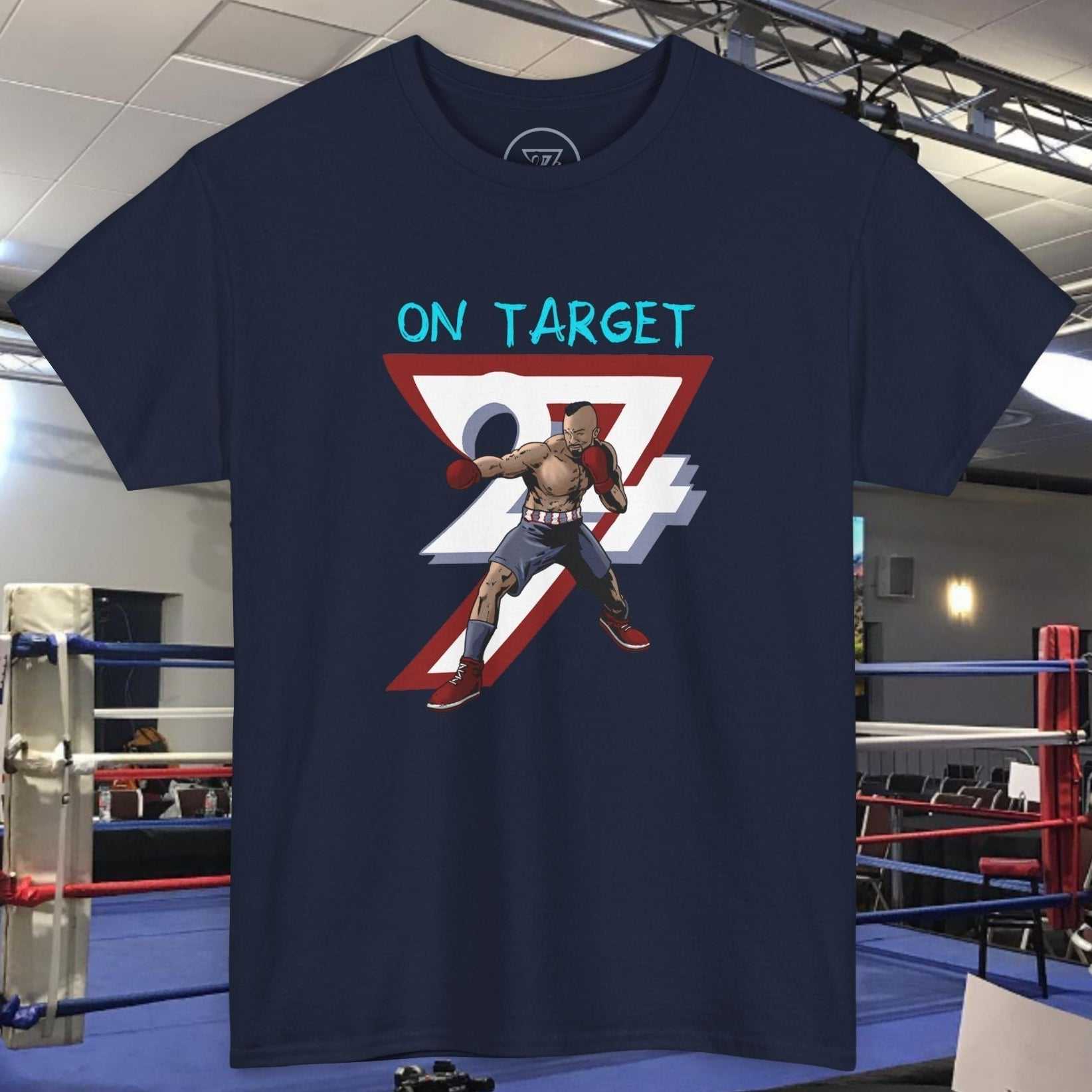 Navy blue boxing tee with hand-drawn comic-style illustration of boxer and "ON TARGET" text