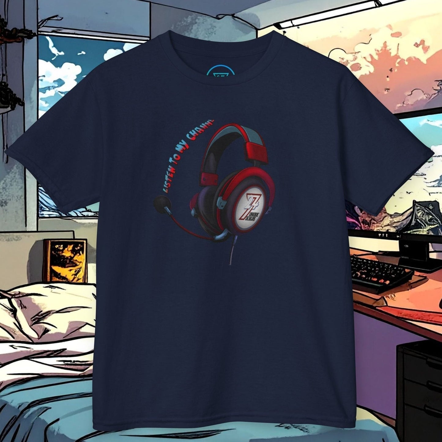 Navy blue children's headphones t-shirt with vibrant printed headset design for young YouTubers