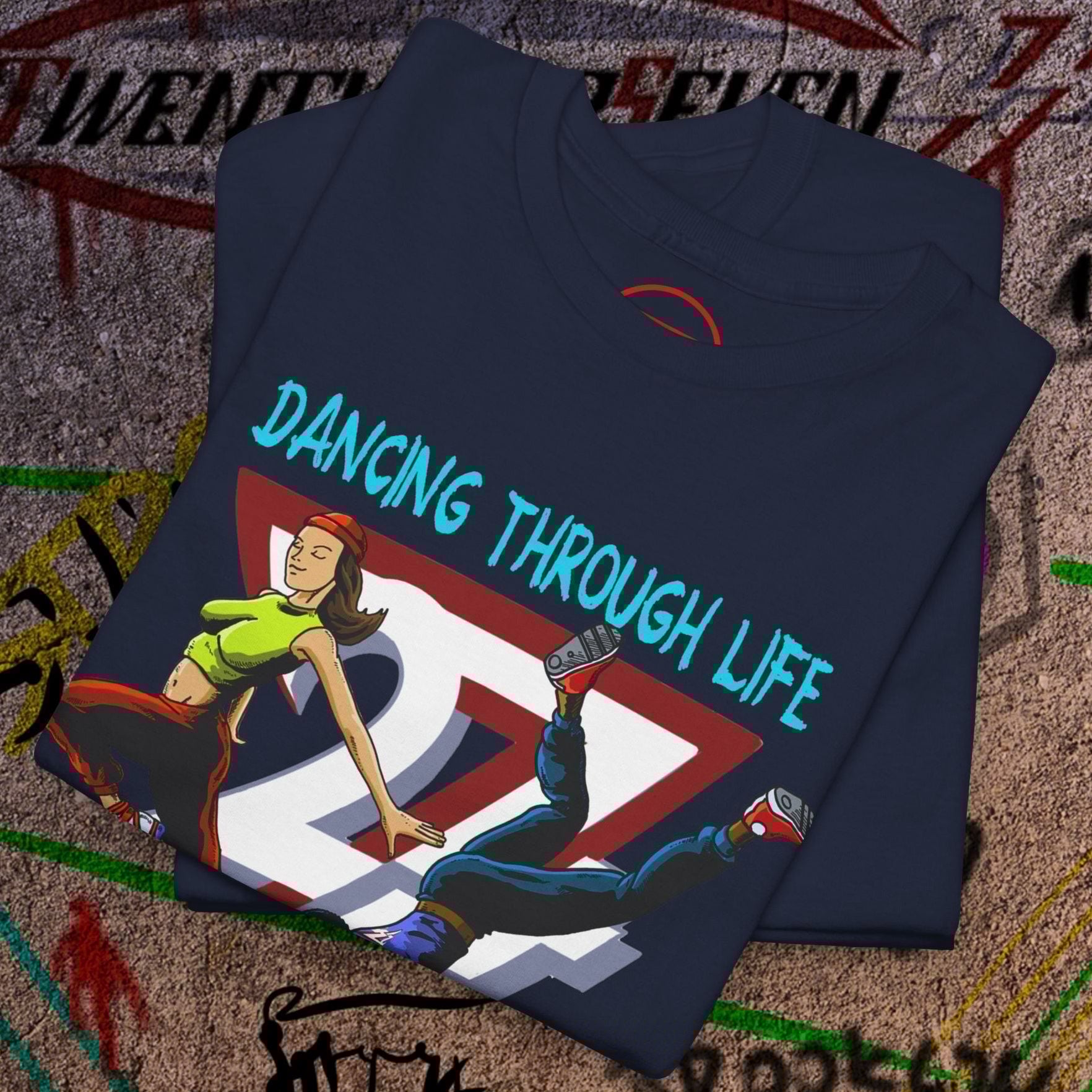 Navy blue dance t-shirt with colorful 90s funky comic-style graphic and "Dancing Through Life" text, made of 100% cotton.