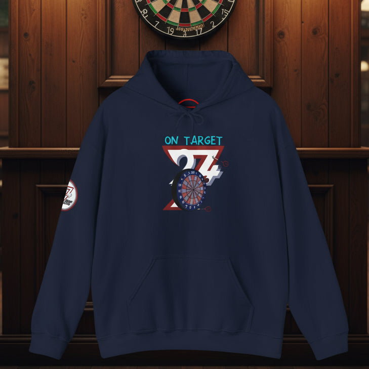 Navy blue darts hoodie with "On Target" illustration and kangaroo pocket, adjustable drawstring hood, cotton-polyester blend.